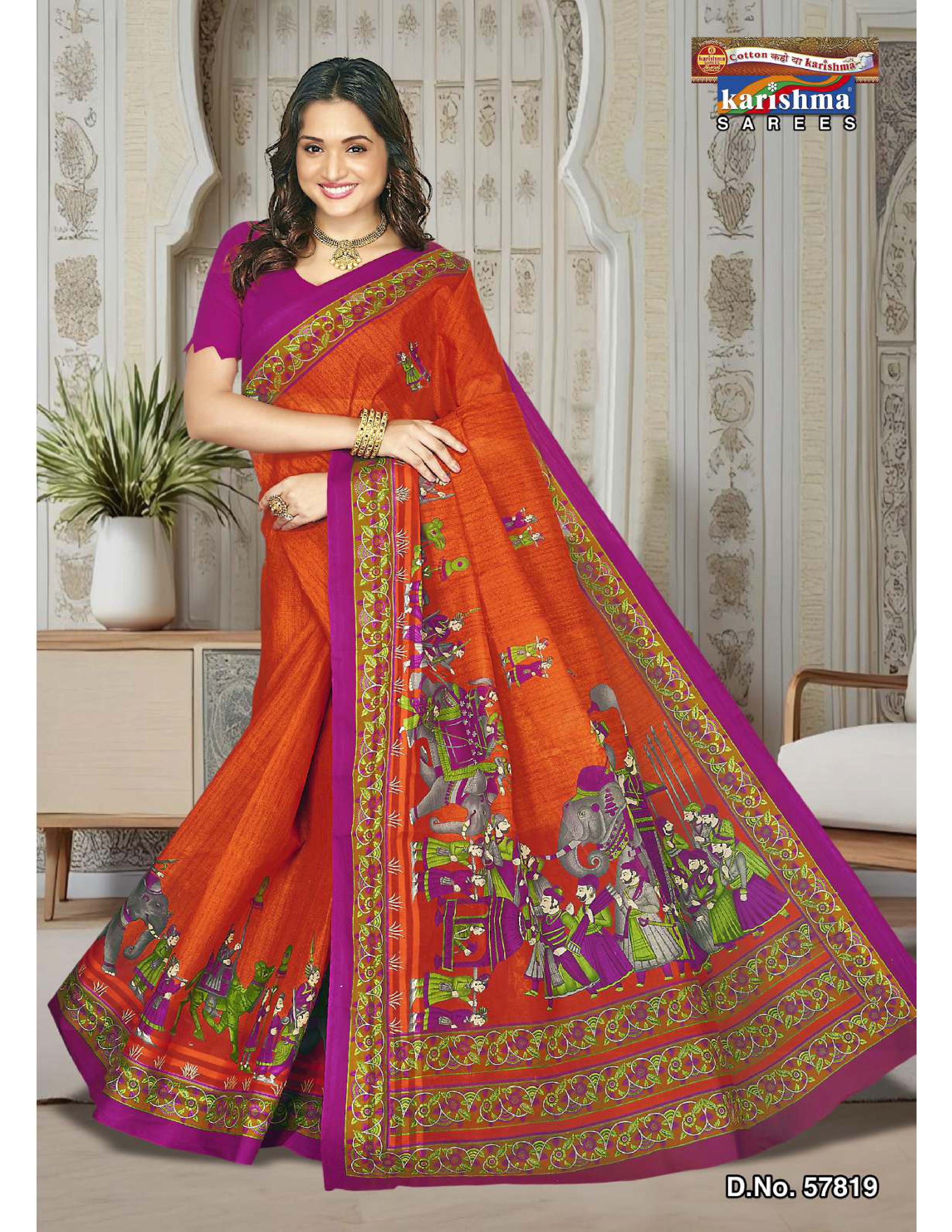 Orange Figure Design Mulmul (Crisp) Saree
