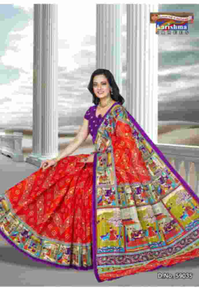Orange Pure cotton (stiff) saree with traditional bandhani print and delicate rajasthani folk art border design.