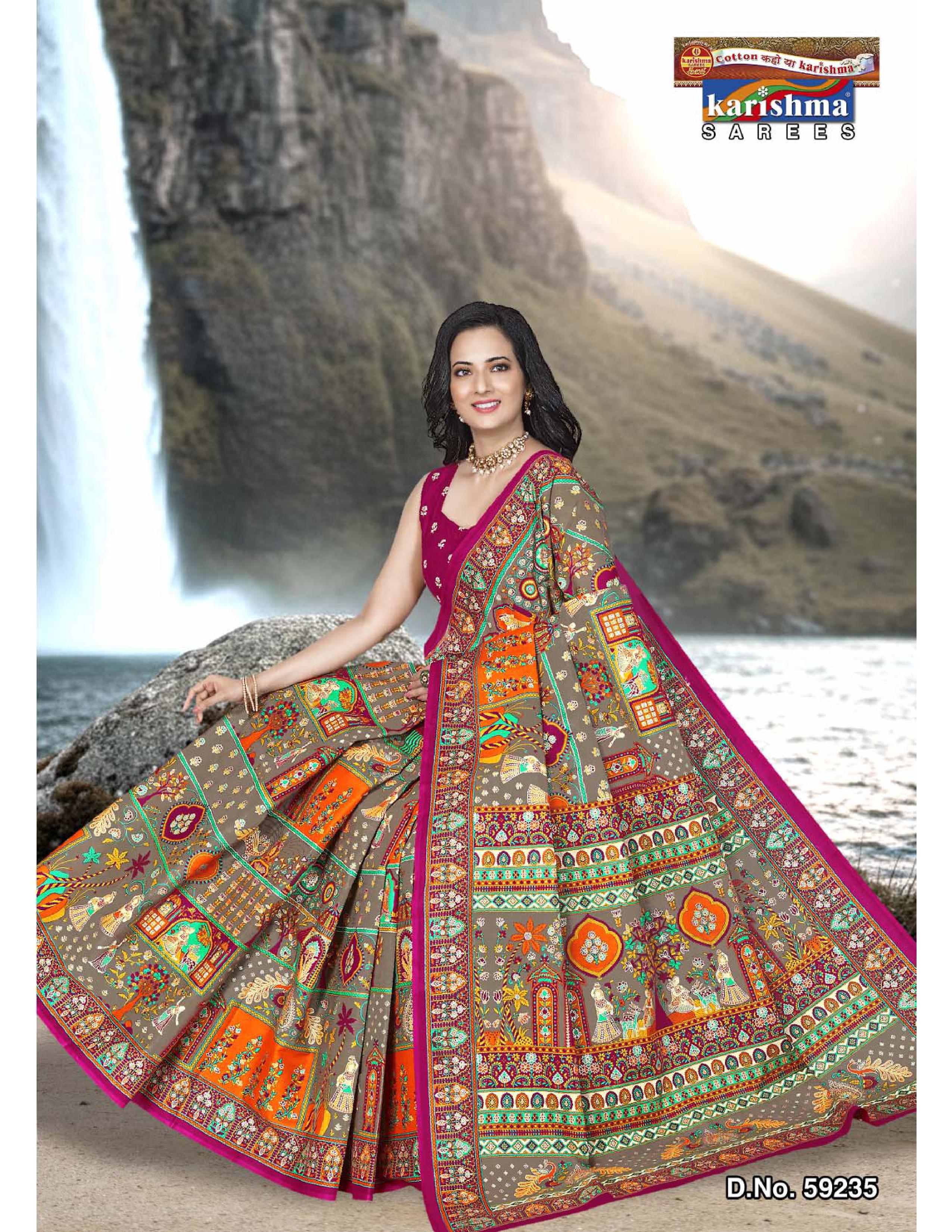 Pink Pure cotton (stiff) saree gulmohar floral and rajasthani patchwork print with temple border design.