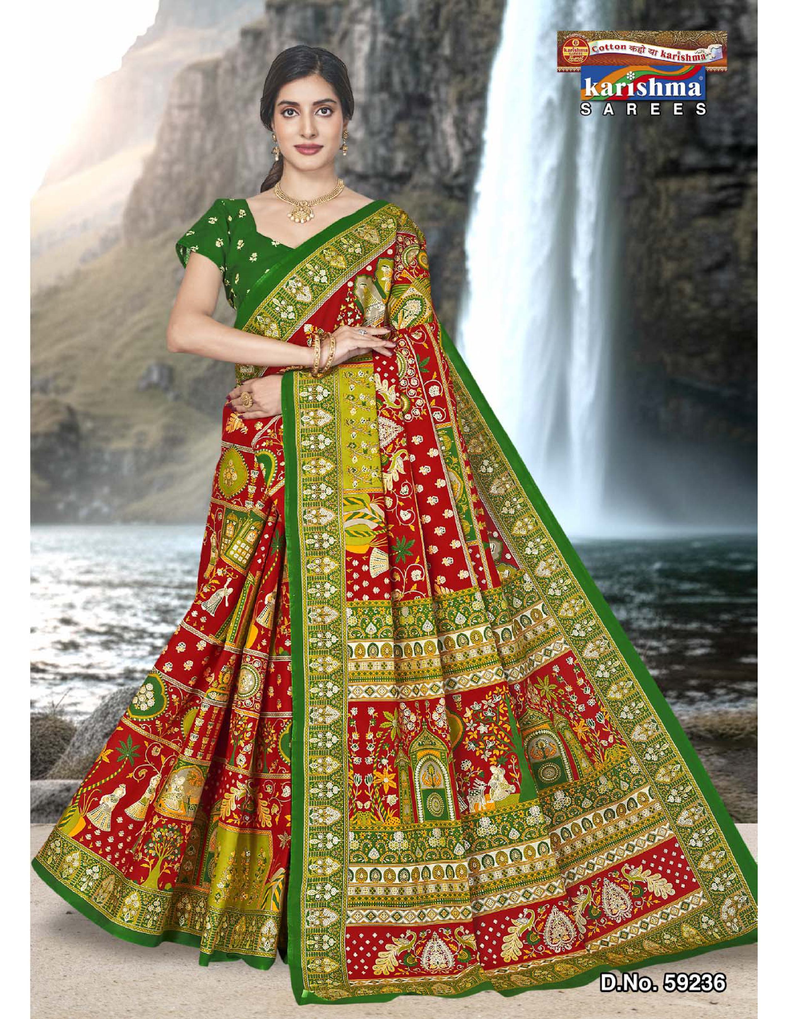 Green Pure cotton (stiff) saree gulmohar floral and rajasthani patchwork print with temple border design.