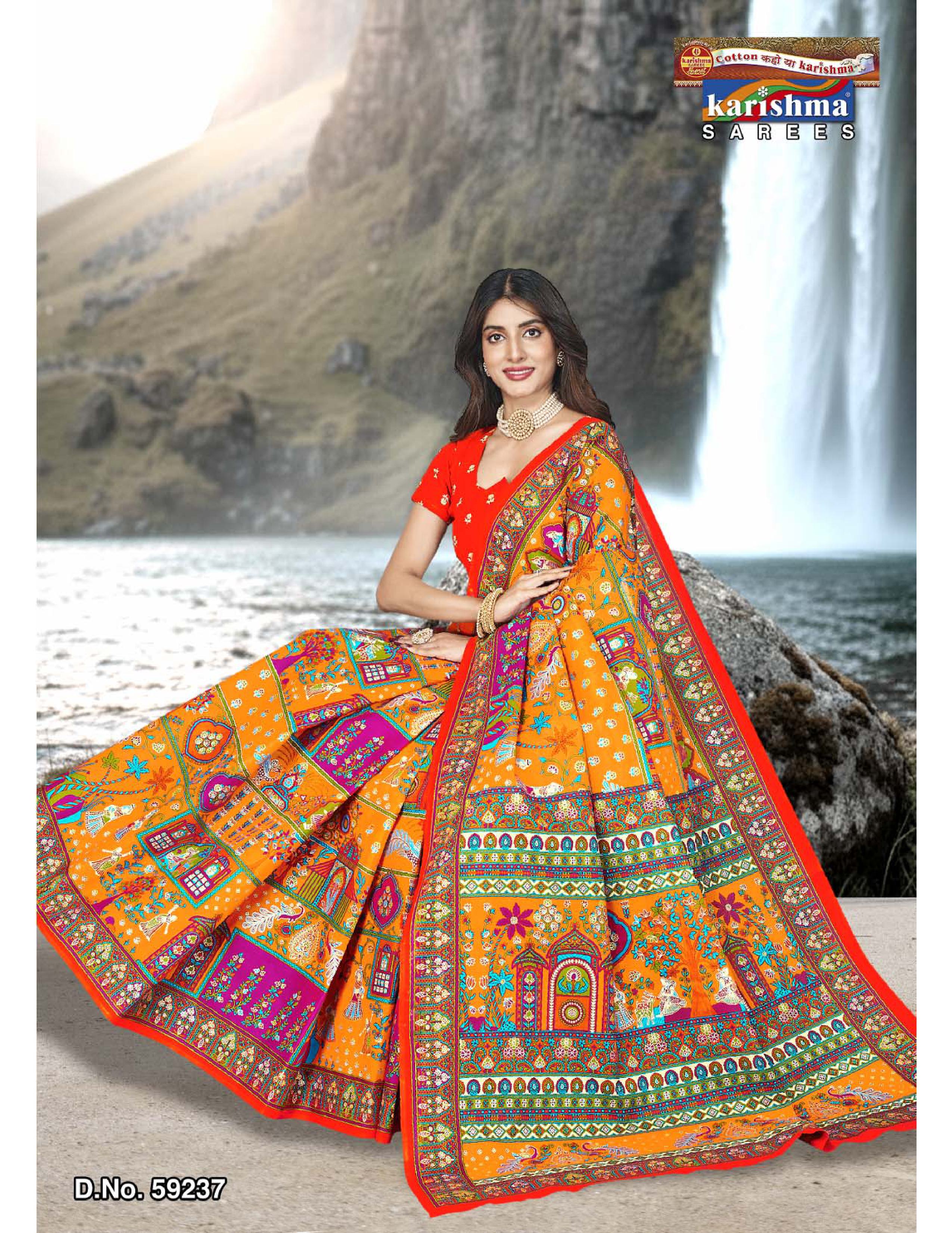 Yellow Pure cotton (stiff) saree gulmohar floral and rajasthani patchwork print with temple border design.