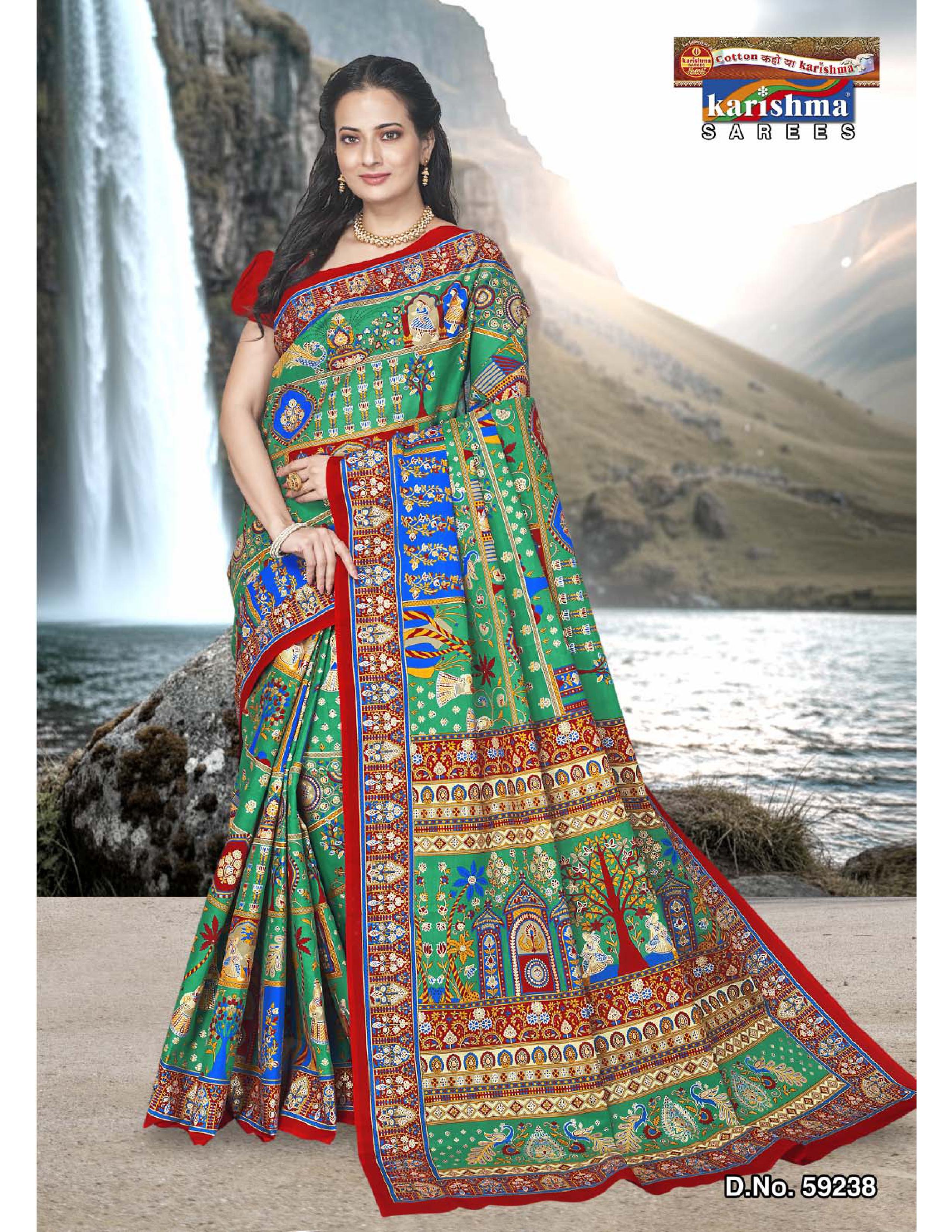 Green Pure cotton (stiff) saree gulmohar floral and rajasthani patchwork print with temple border design.