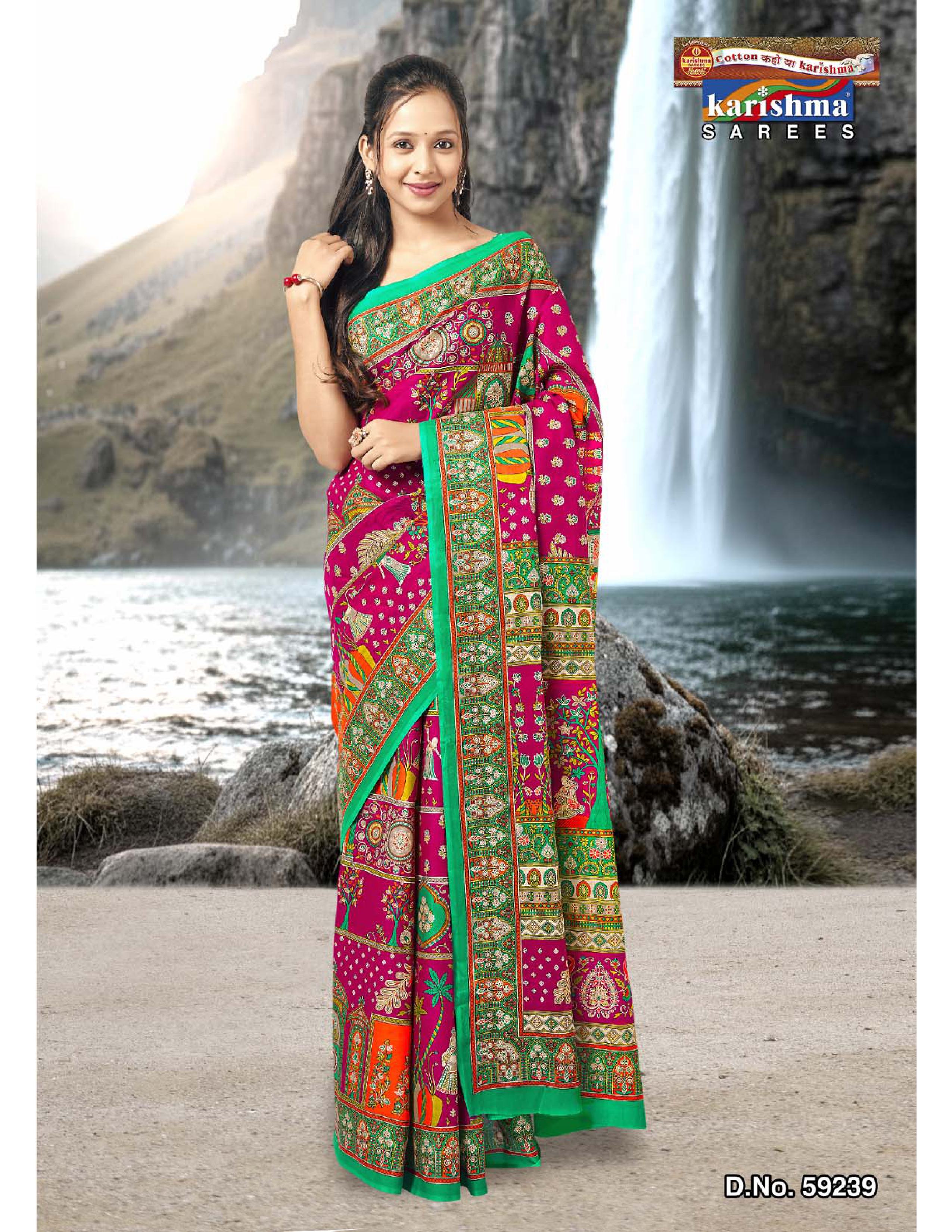 Pink Pure cotton (stiff) saree gulmohar floral and rajasthani patchwork print with temple border design.