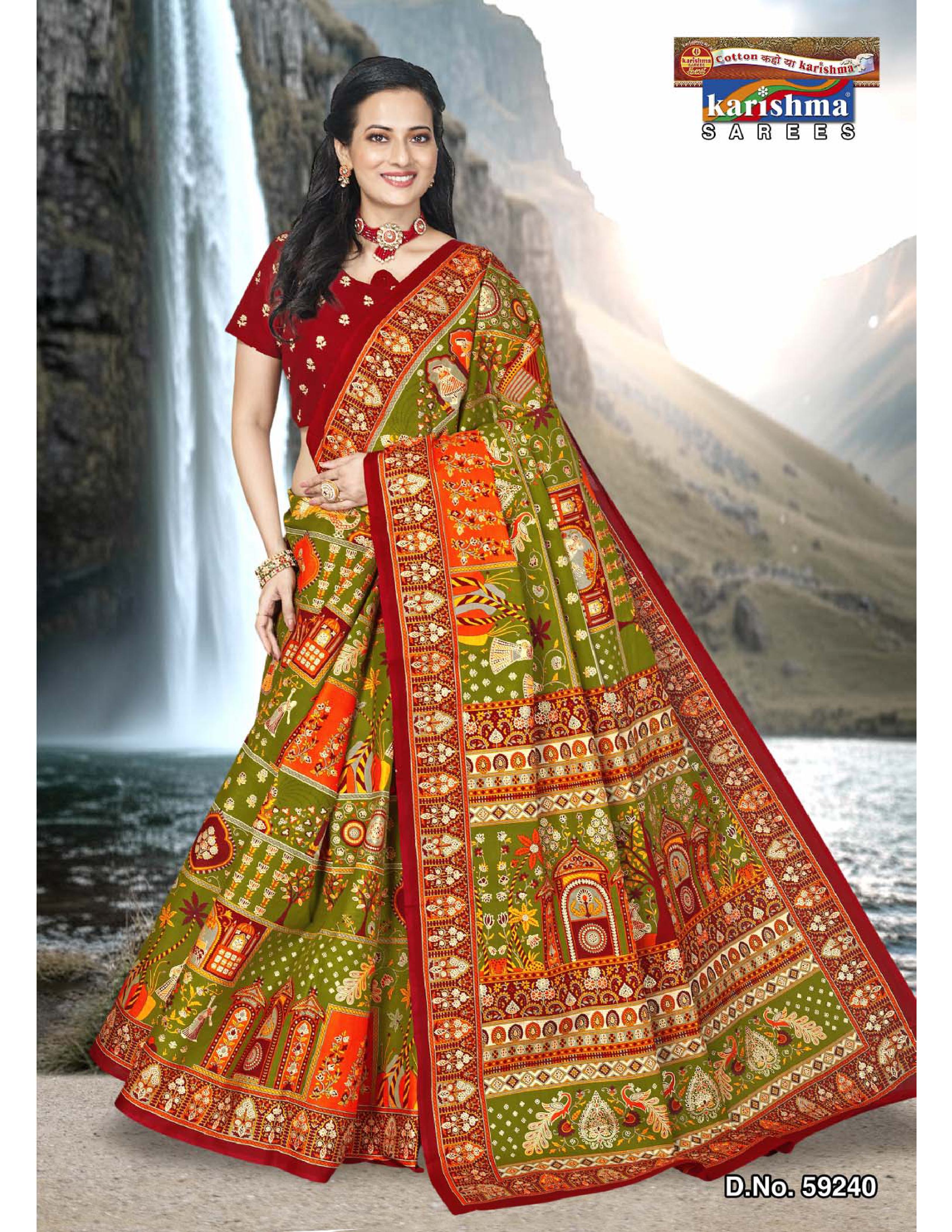 Olive Pure cotton (stiff) saree gulmohar floral and rajasthani patchwork print with temple border design.