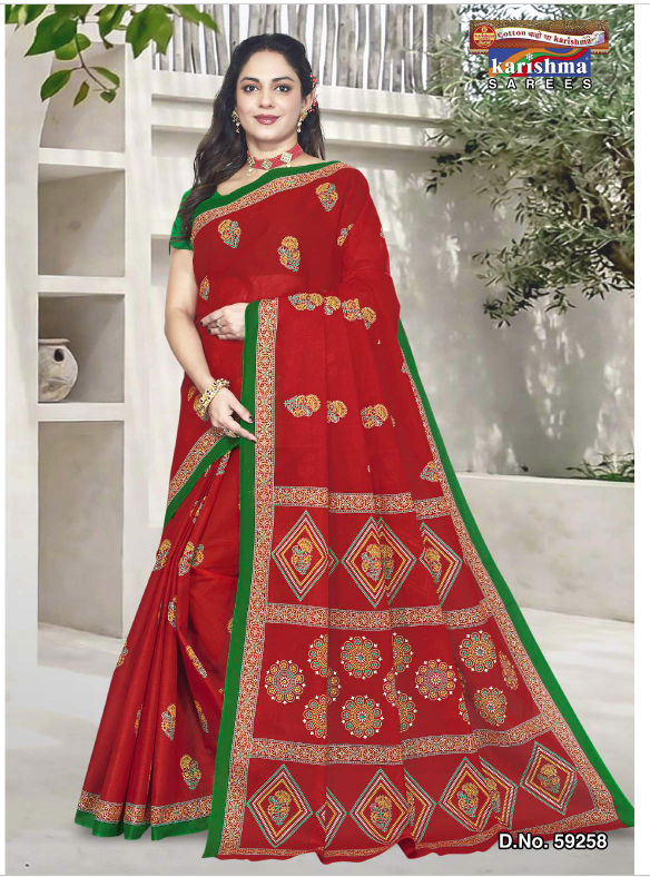 Red Madhushree Delicate Print Mulmul Saree
