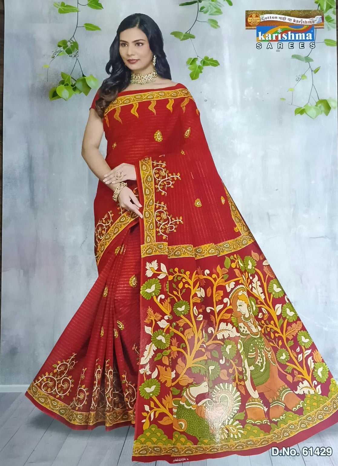 Red Vantara Floral And Peacock Print Mulmul Pure Cotton Saree