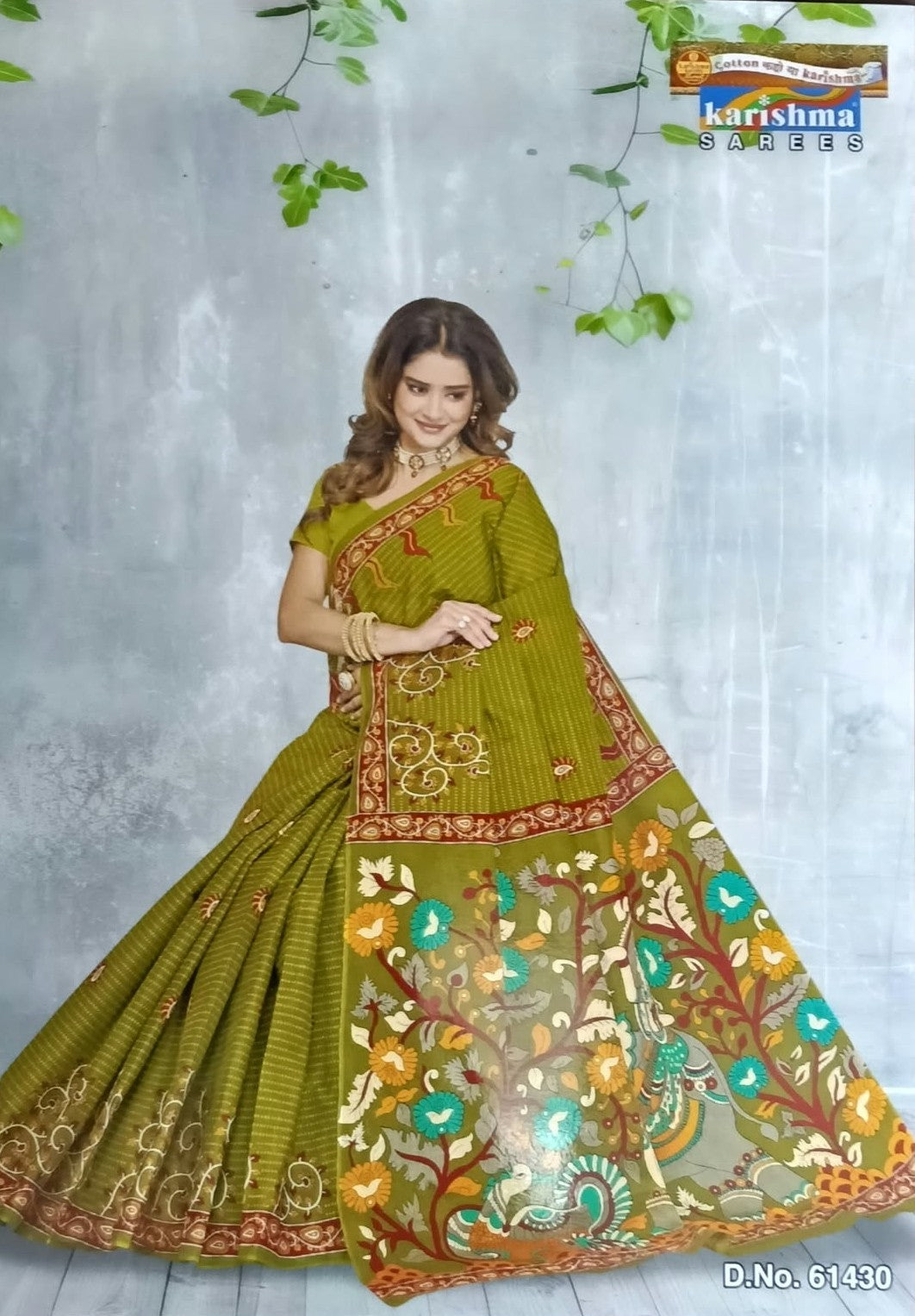 Olive Vantara Floral And Peacock Print Mulmul Pure Cotton Saree