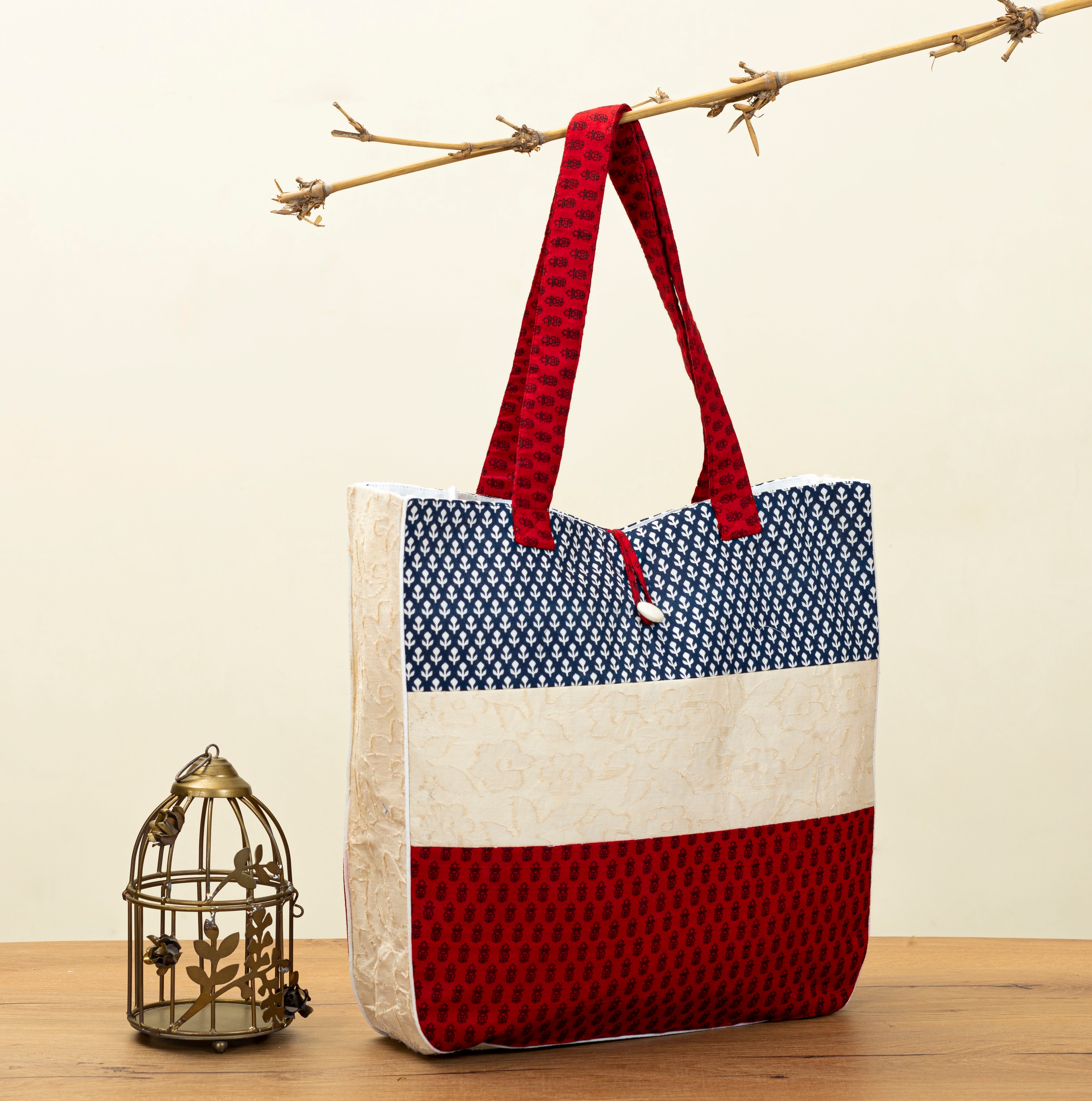 Navy Blue White Red Stripes Design Printed Sustainable Cotton Handmade Tote Bag