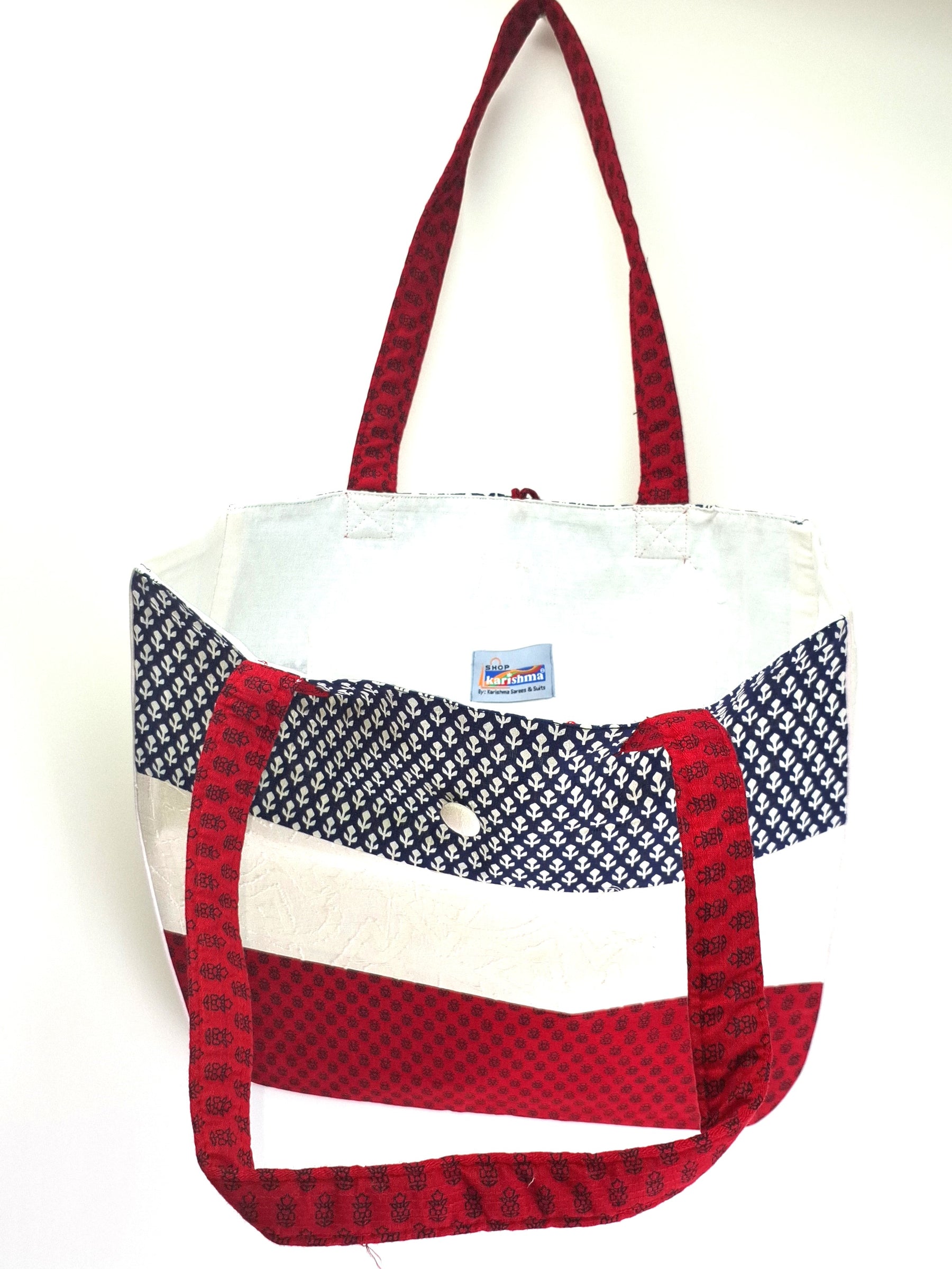 Navy Blue White Red Stripes Design Printed Sustainable Cotton Handmade Tote Bag