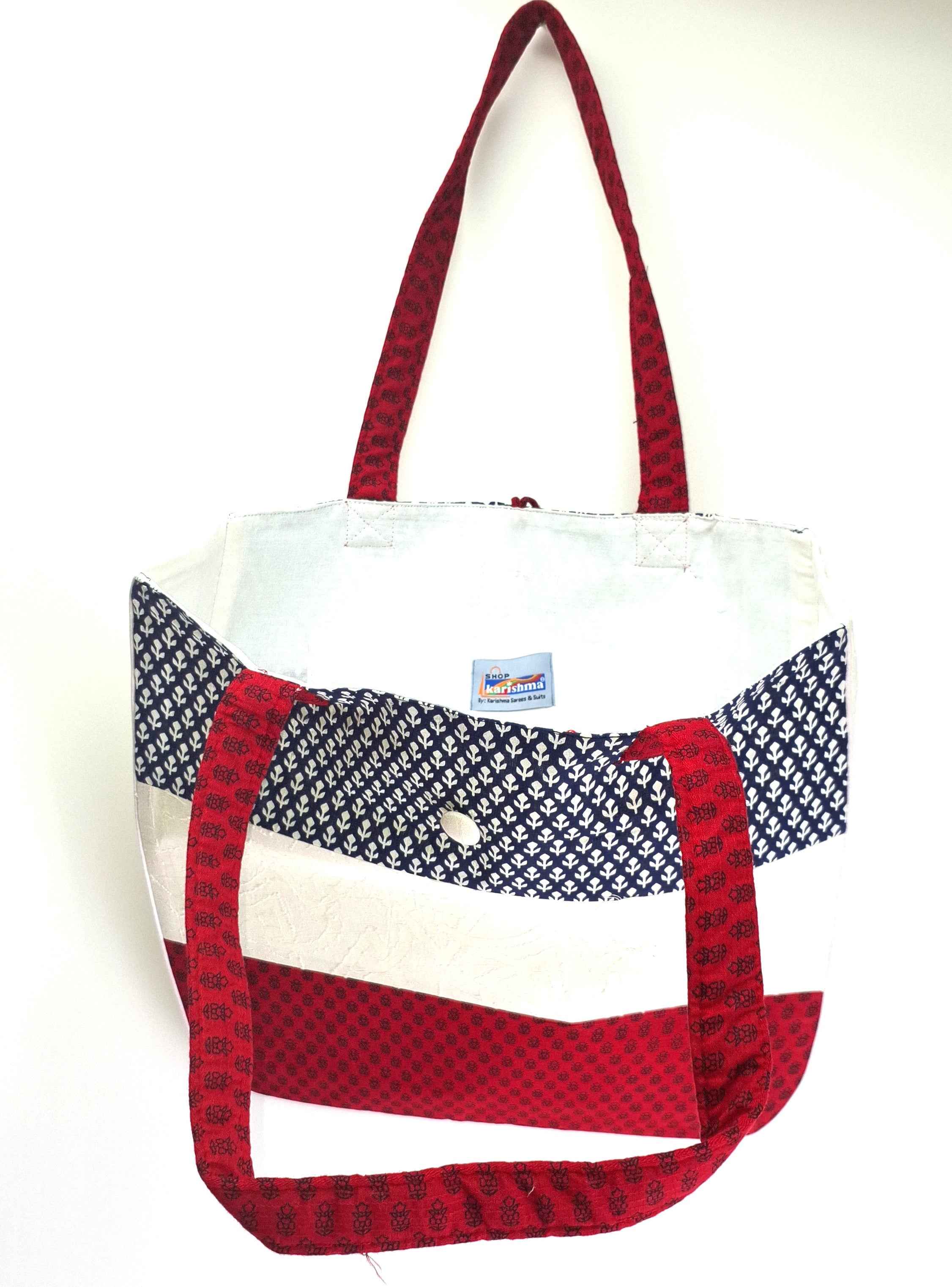 Navy Blue White Red Stripes Design Printed Sustainable Cotton Handmade Tote Bag