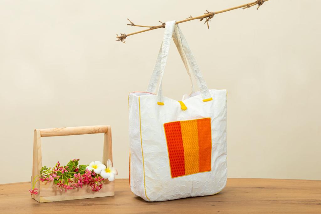 Orange Yellow Patchwork Handwork Sustainable Quilted Cotton Shopping Tote Bag