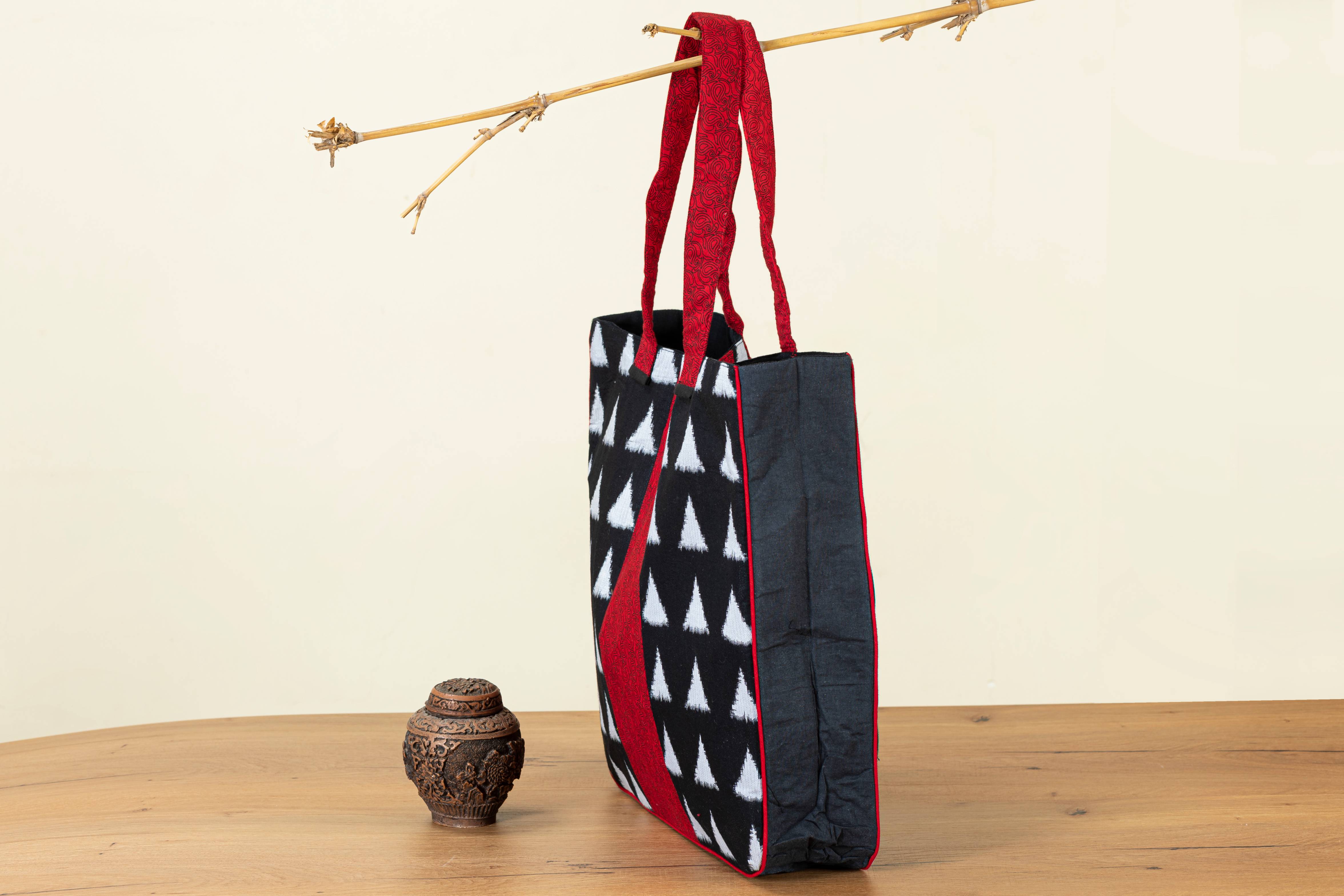 Black Triangle Design Quilted Sustainable Cotton Handmade Shopping Bag