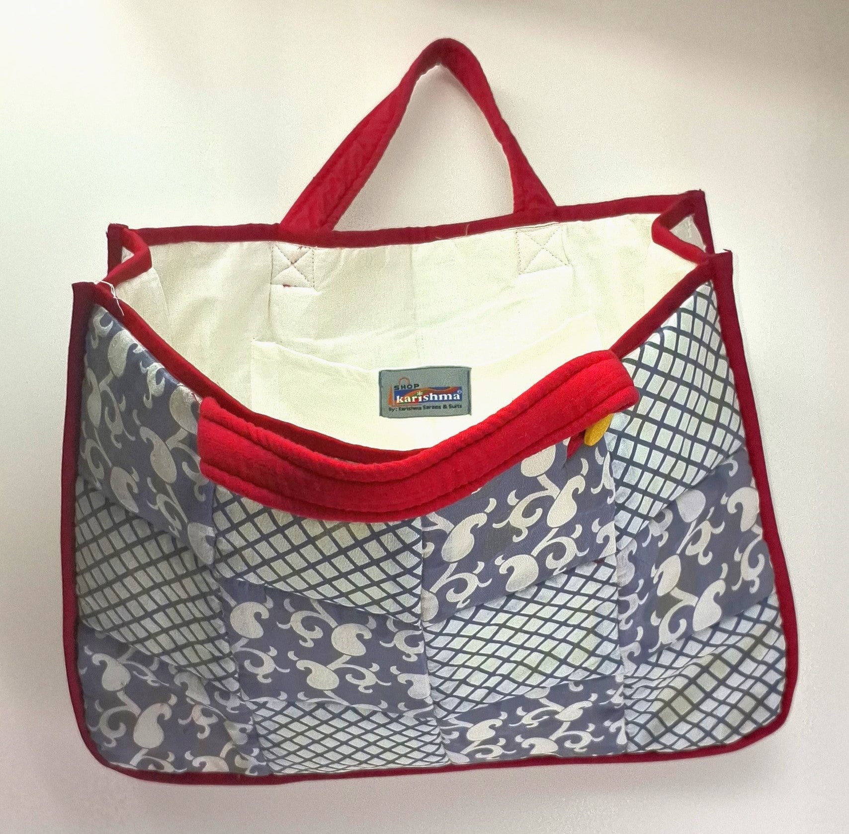 Grey White Printed Square Patchwork Quilted Sustainable Pure Cotton Handmade Lunch Bag