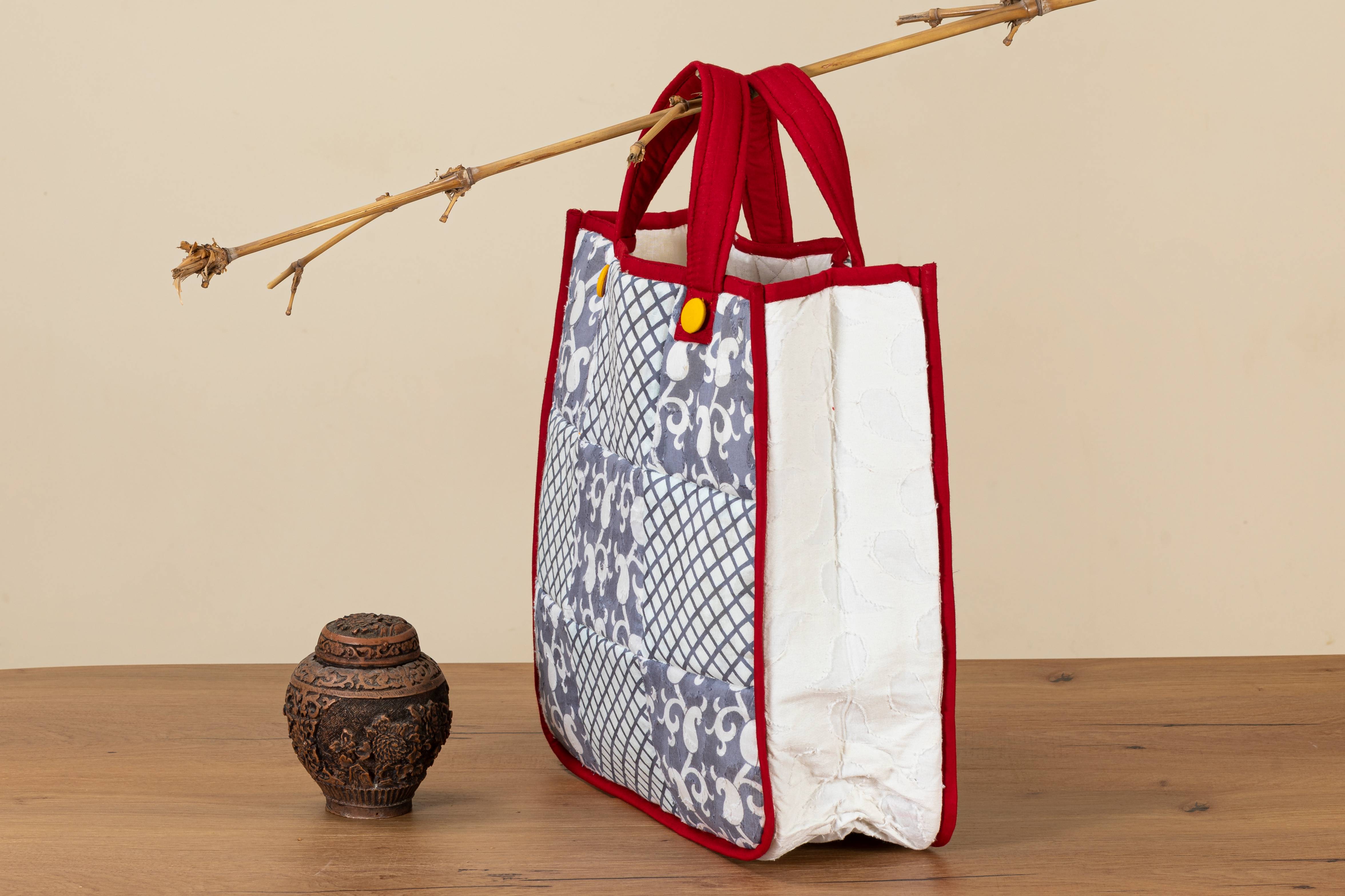 Grey White Printed Square Patchwork Quilted Sustainable Pure Cotton Handmade Lunch Bag