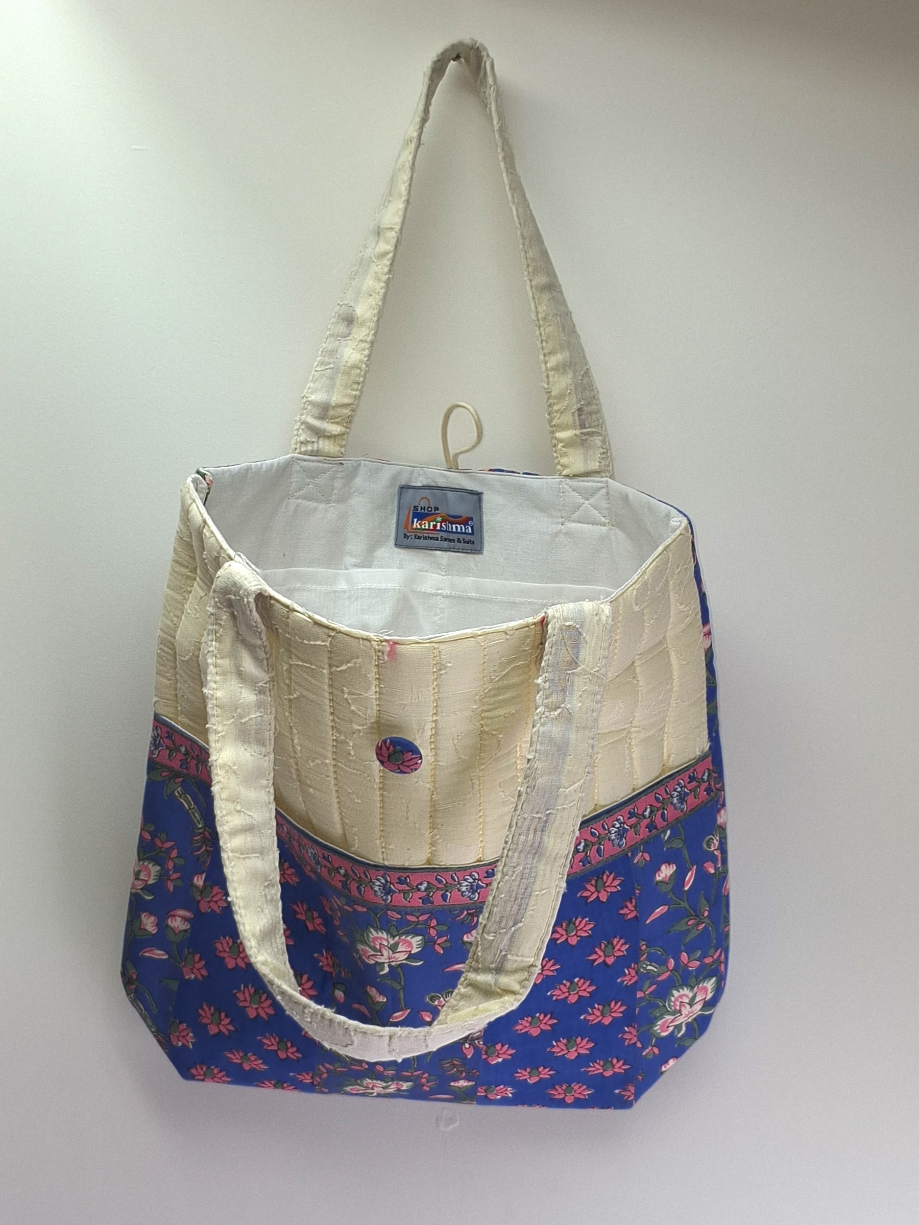 Blue Cream Floral Design Printed Design Cotton Quilted Handbag