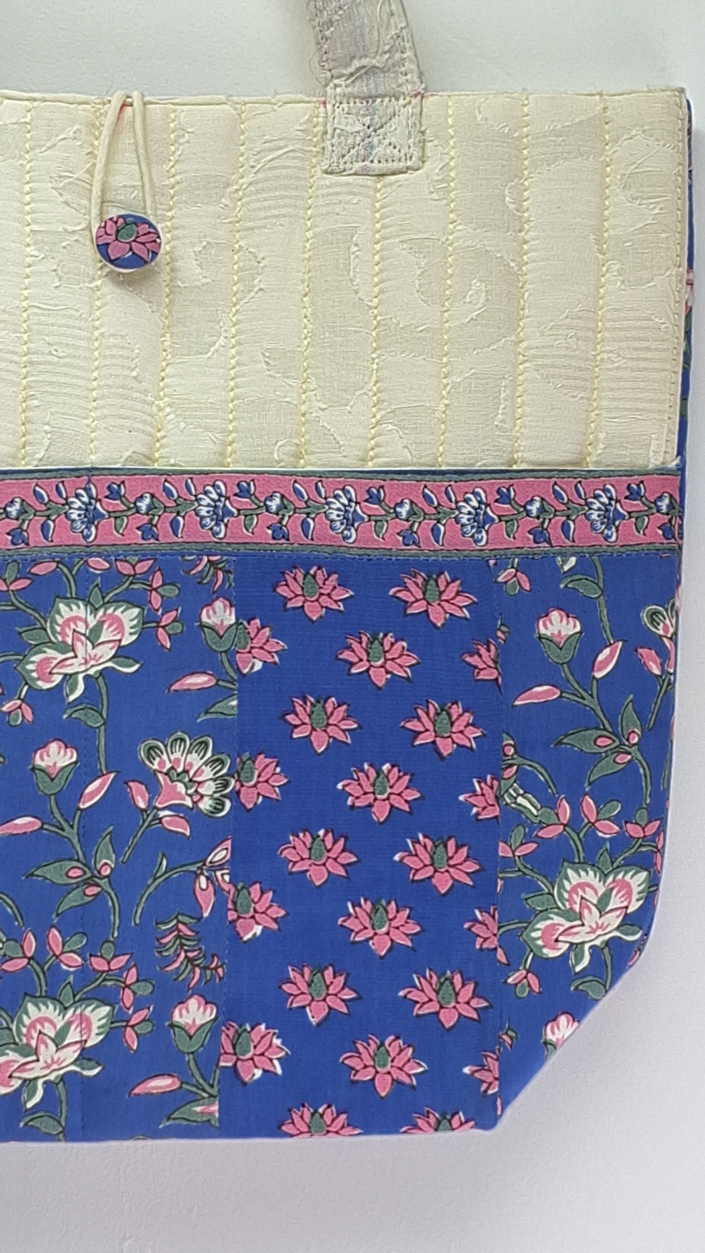 Blue Cream Floral Design Printed Design Cotton Quilted Handbag