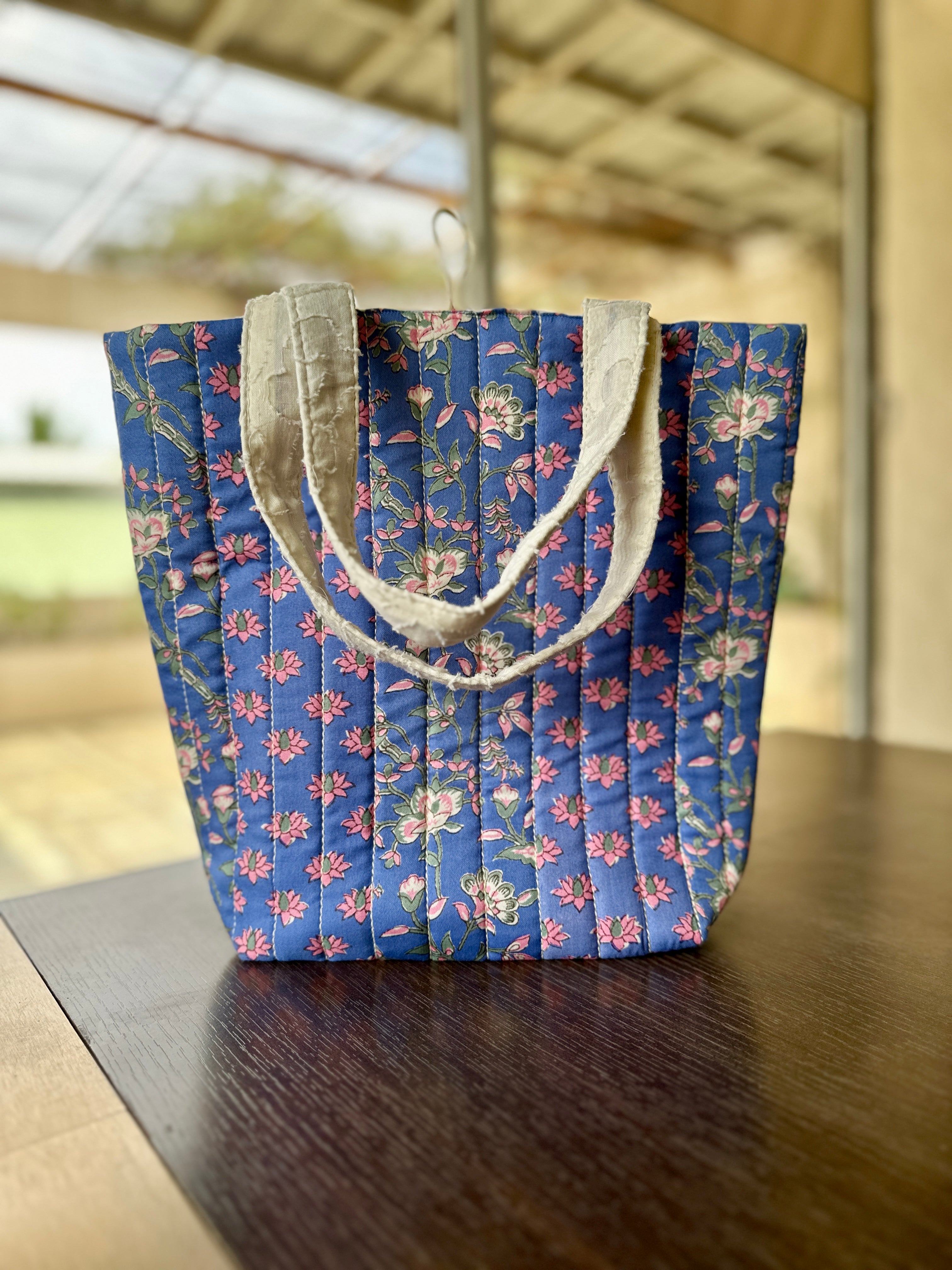 Blue Cream Floral Design Printed Design Cotton Quilted Handbag