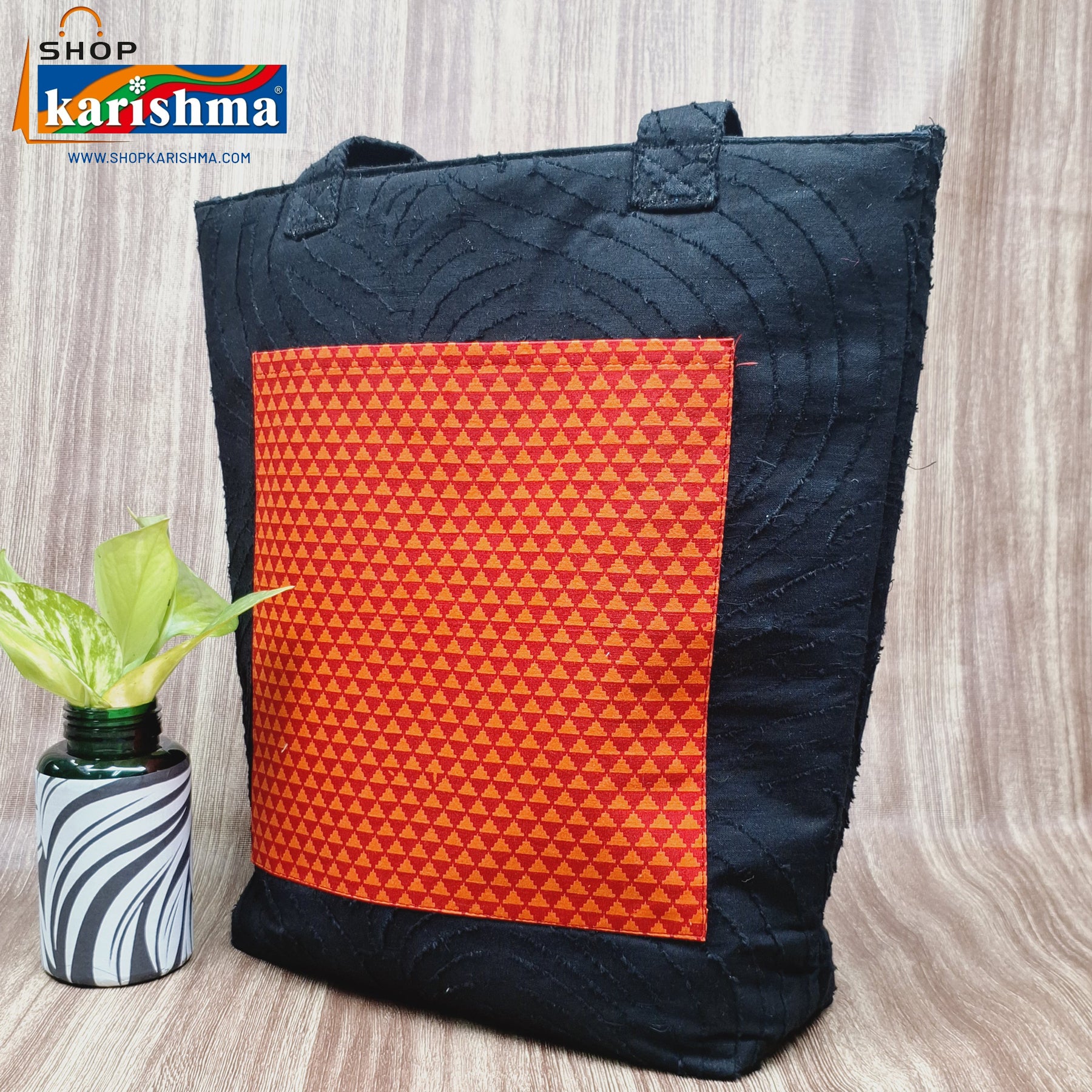 Black Quilted Pure Sustainable Cotton Handbag with Patchwork Orange Pocket