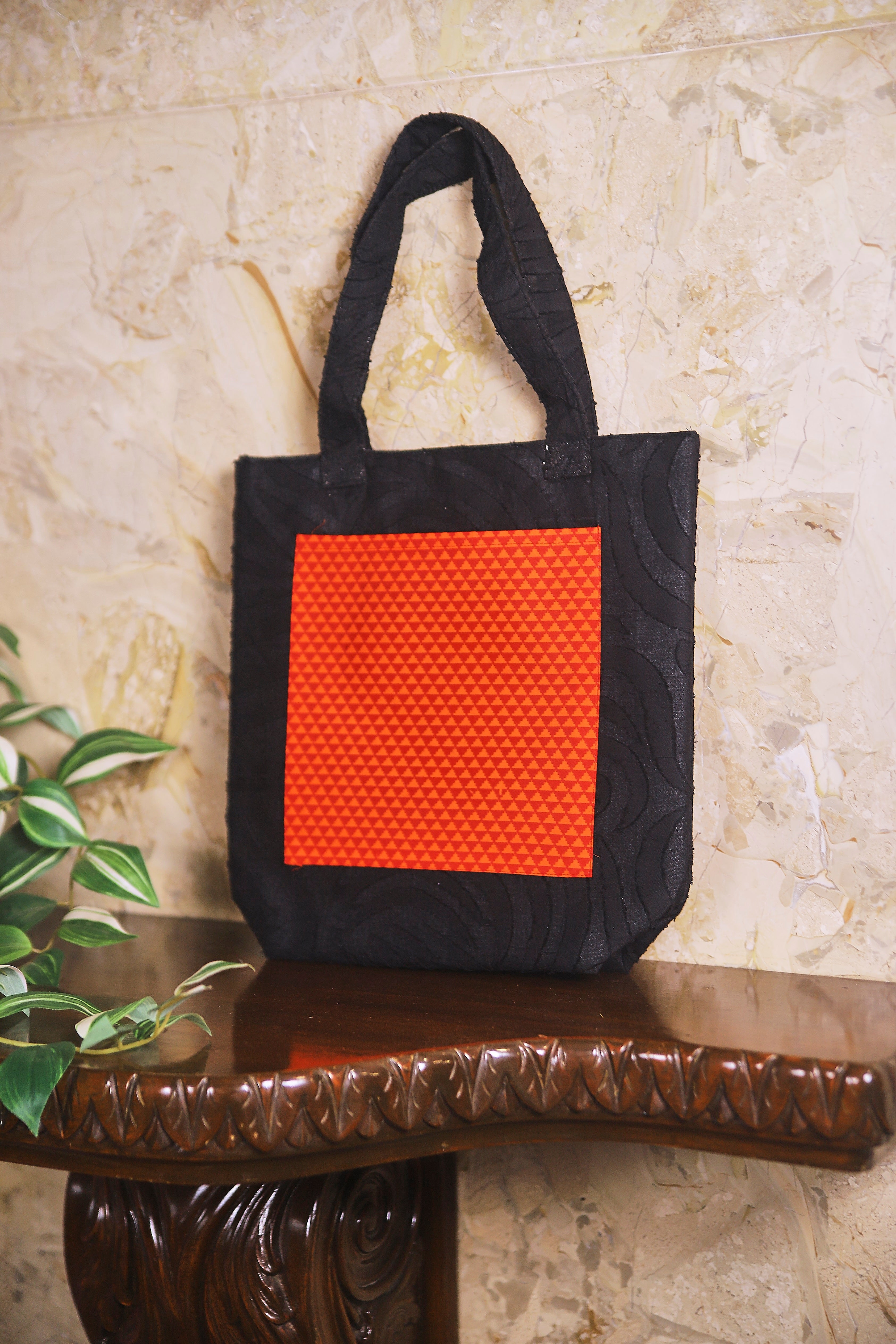 Black Quilted Pure Sustainable Cotton Handbag with Patchwork Orange Pocket