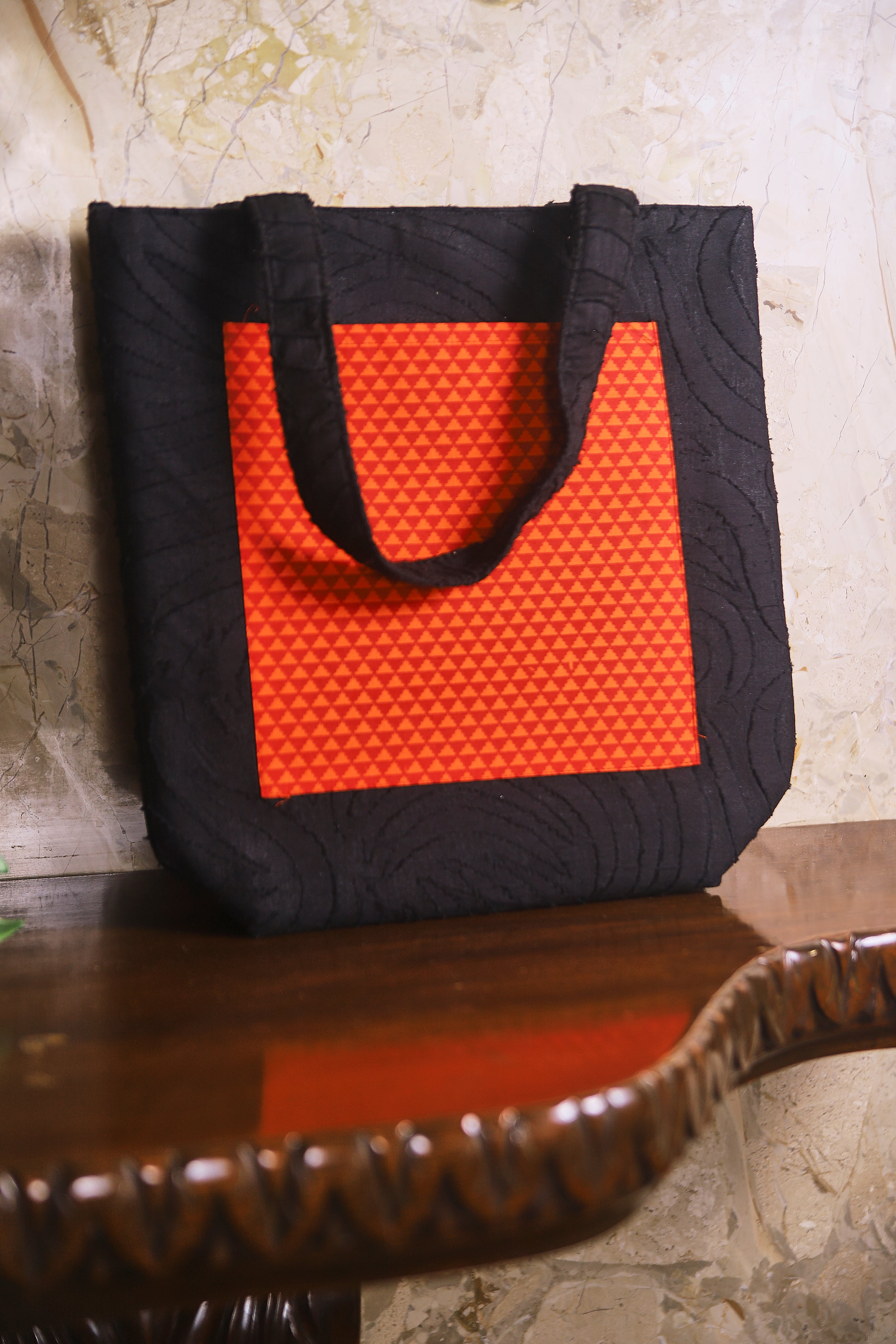 Black Quilted Pure Sustainable Cotton Handbag with Patchwork Orange Pocket