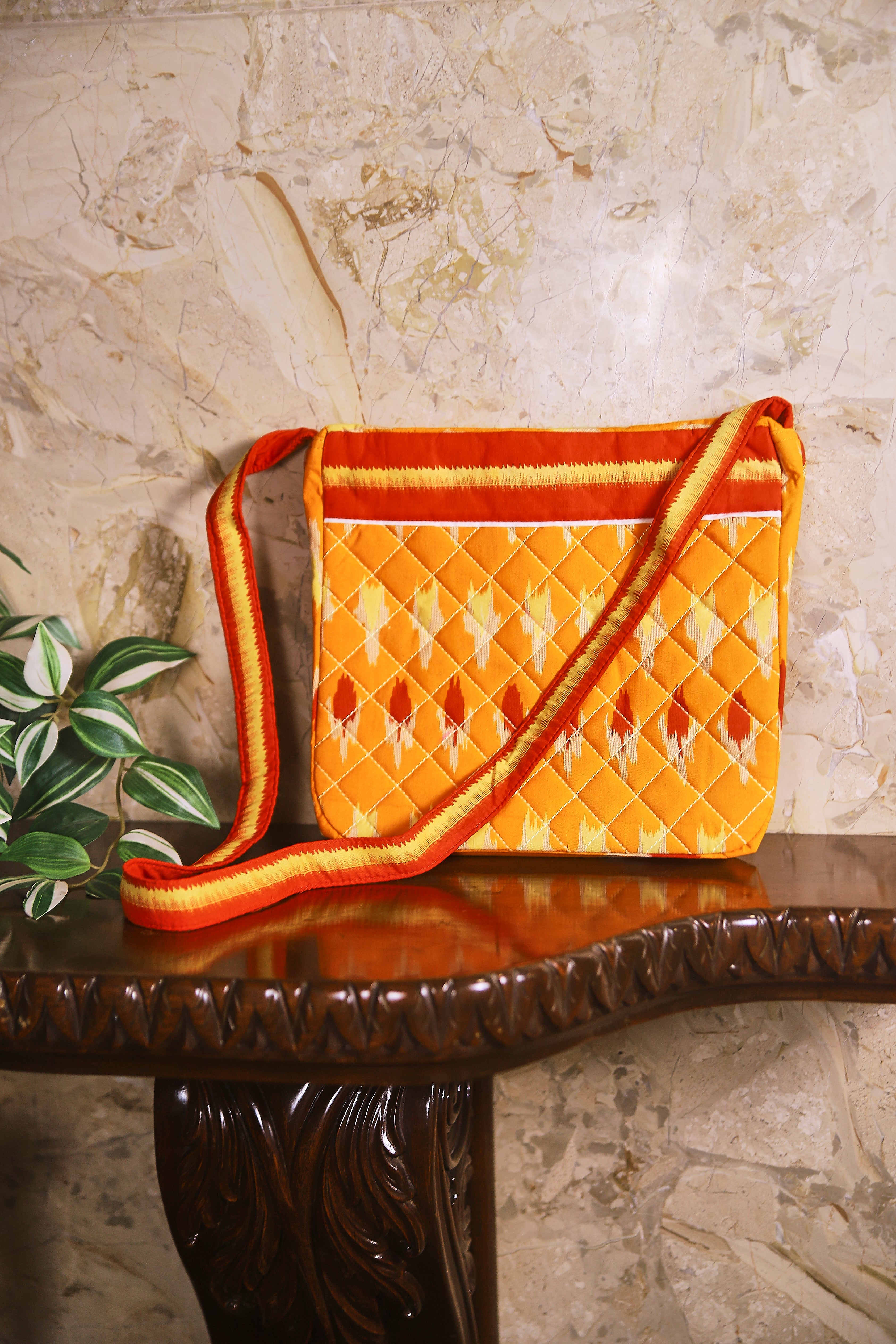 Orange Ikat Printed Quilted Pure Cotton Trendy Sling Bag