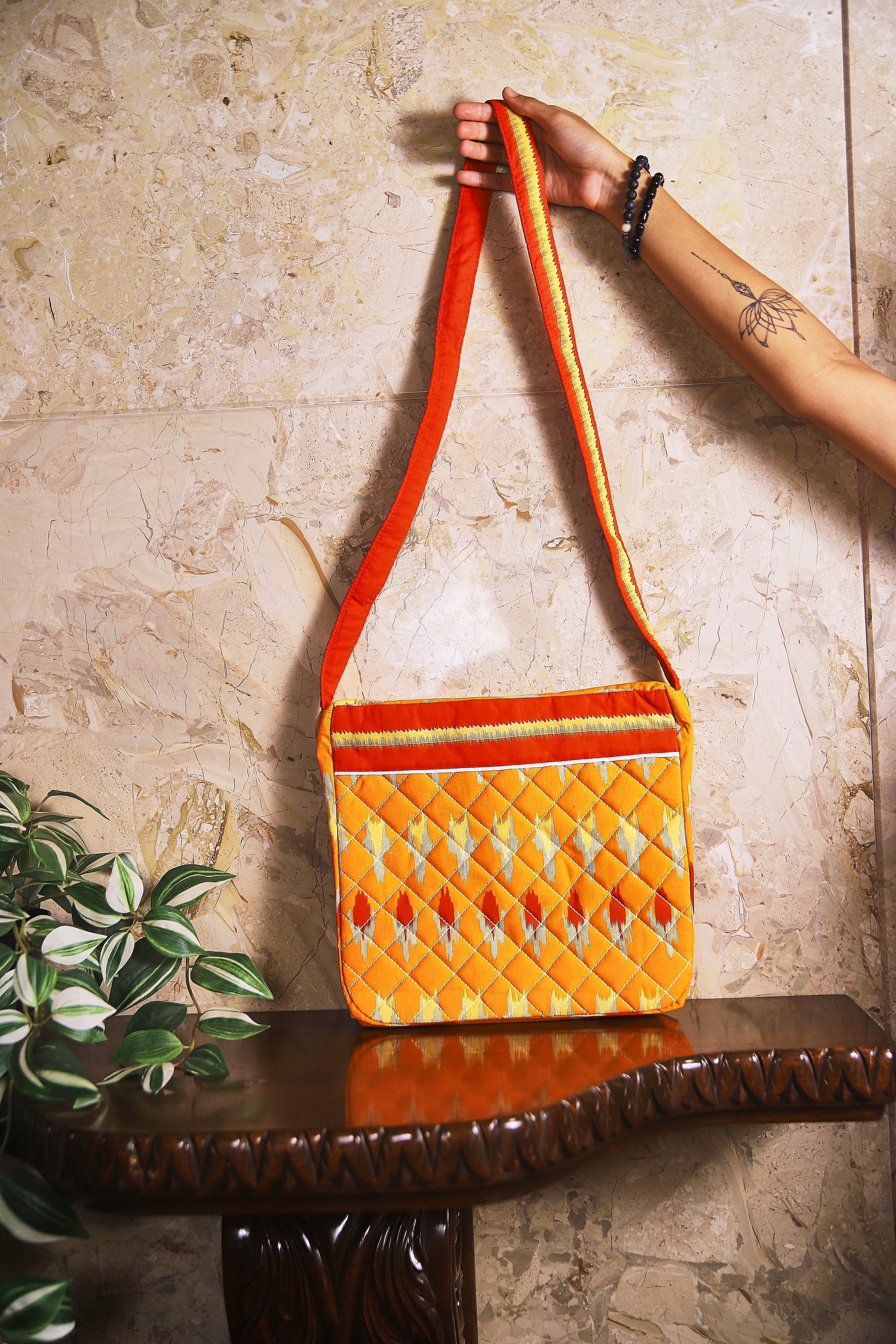 Orange Ikat Printed Quilted Pure Cotton Trendy Sling Bag