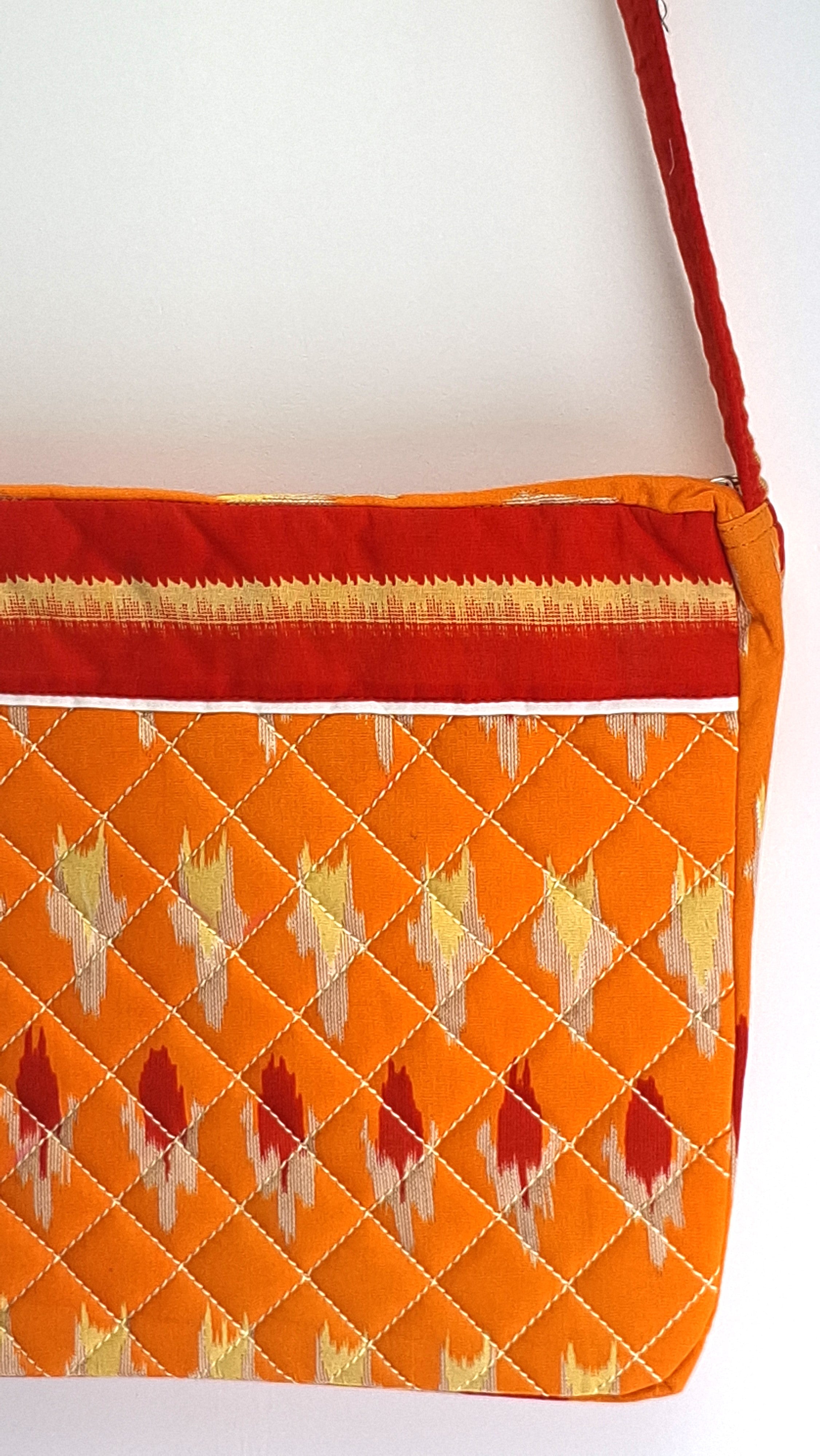 Orange Ikat Printed Quilted Pure Cotton Trendy Sling Bag