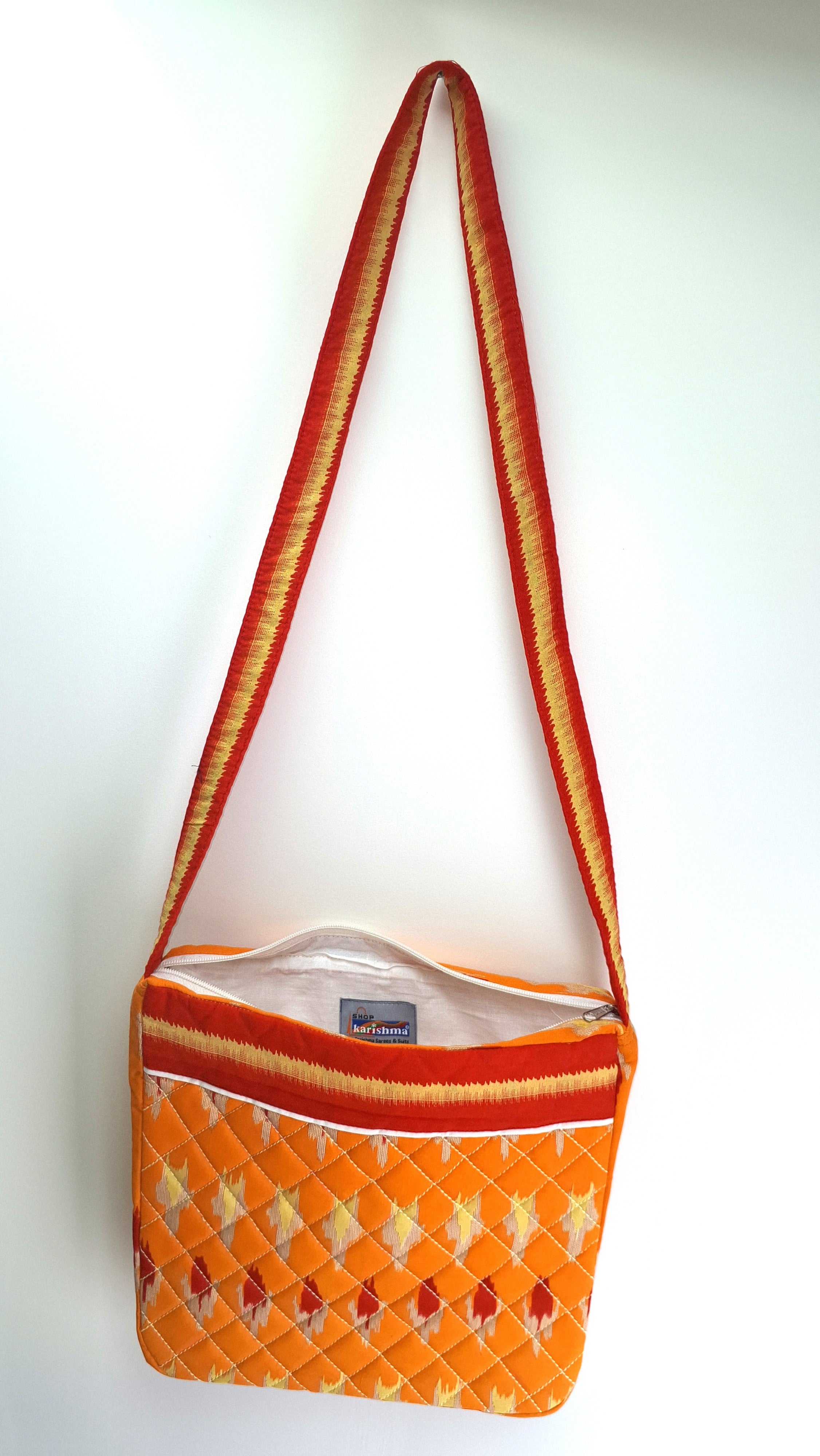 Orange Ikat Printed Quilted Pure Cotton Trendy Sling Bag