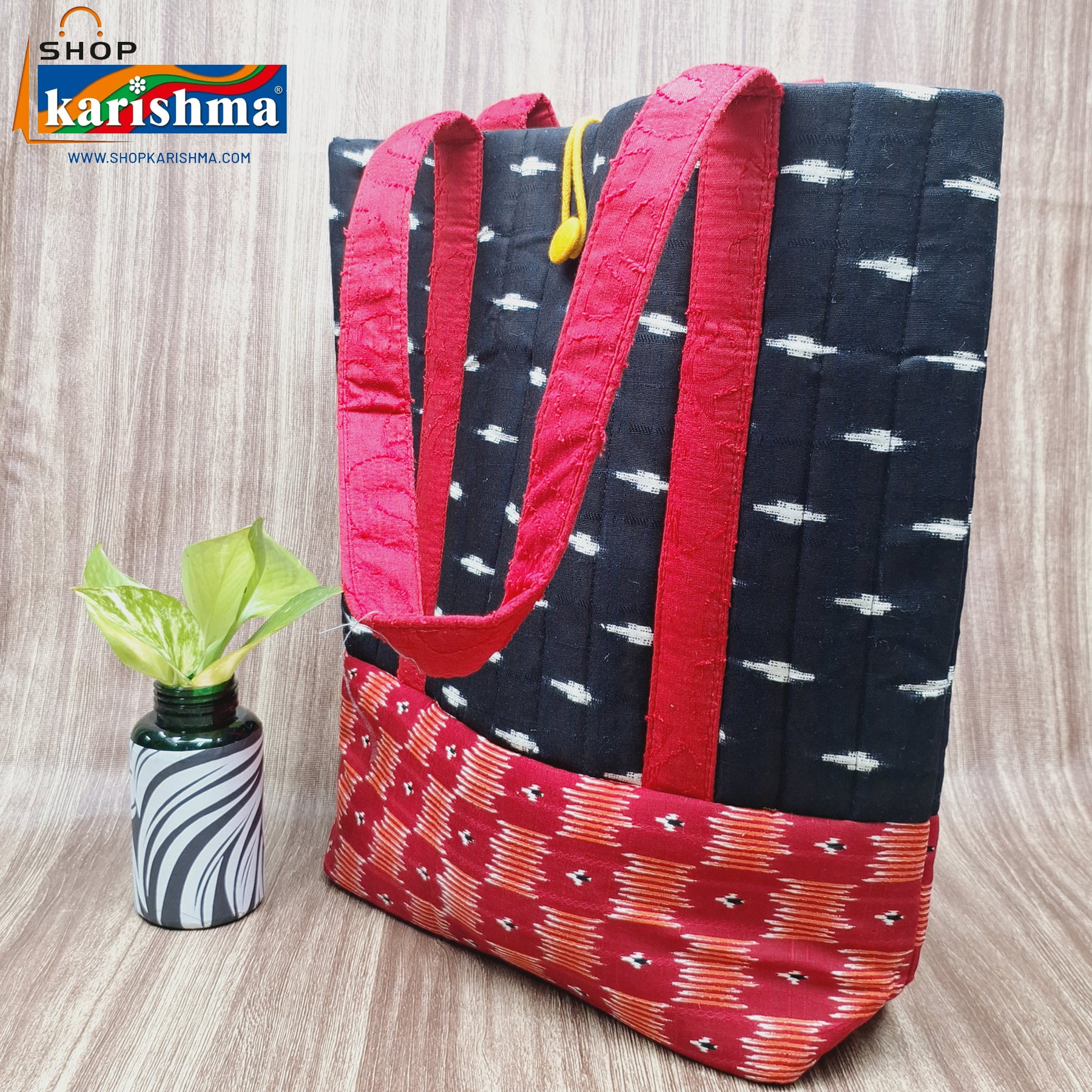 Black Ikat Design with Red Patchwork Sustainable Style Quilted Cotton Shopping Bag