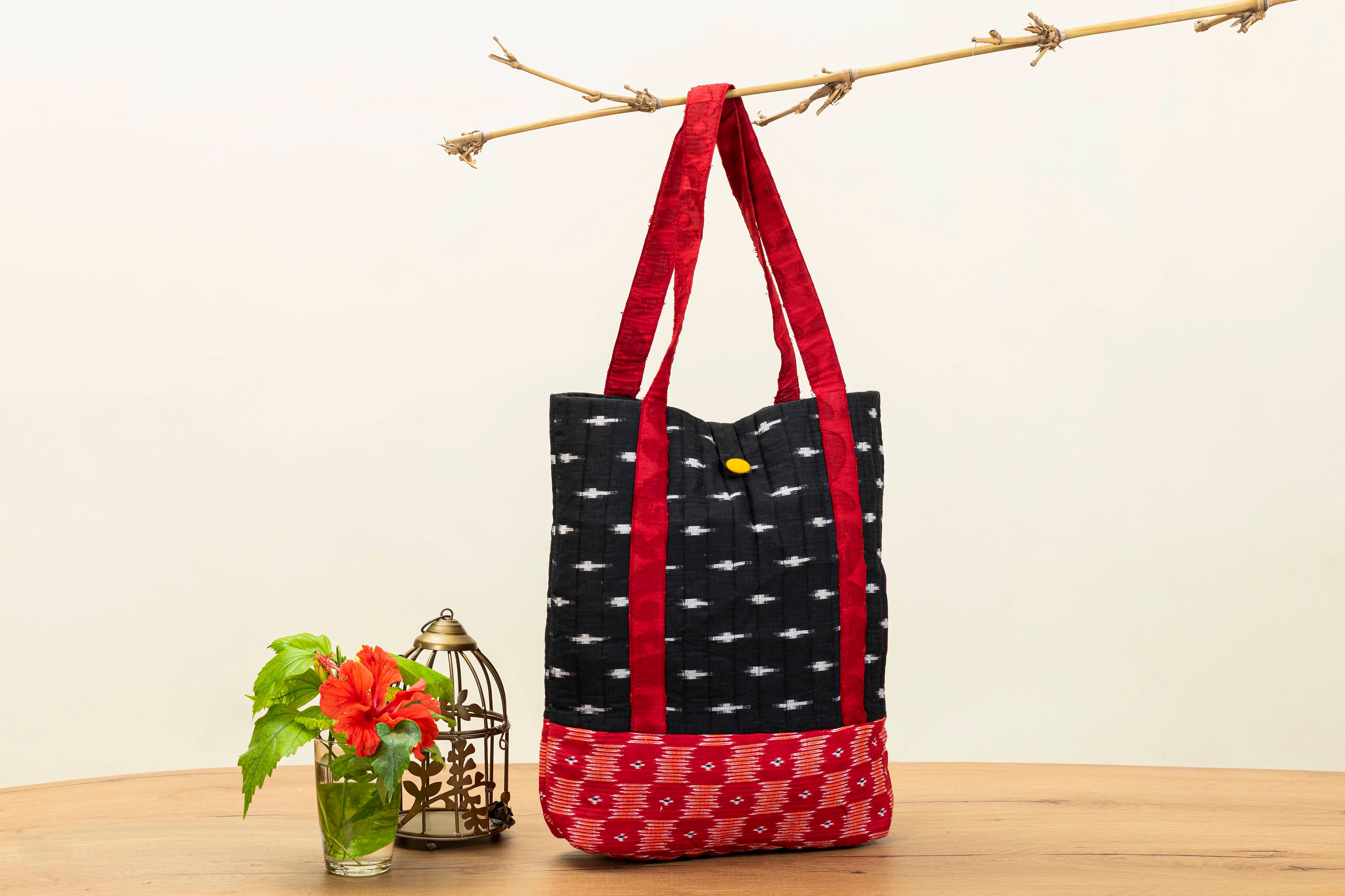 Black Ikat Design with Red Patchwork Sustainable Style Quilted Cotton Shopping Bag