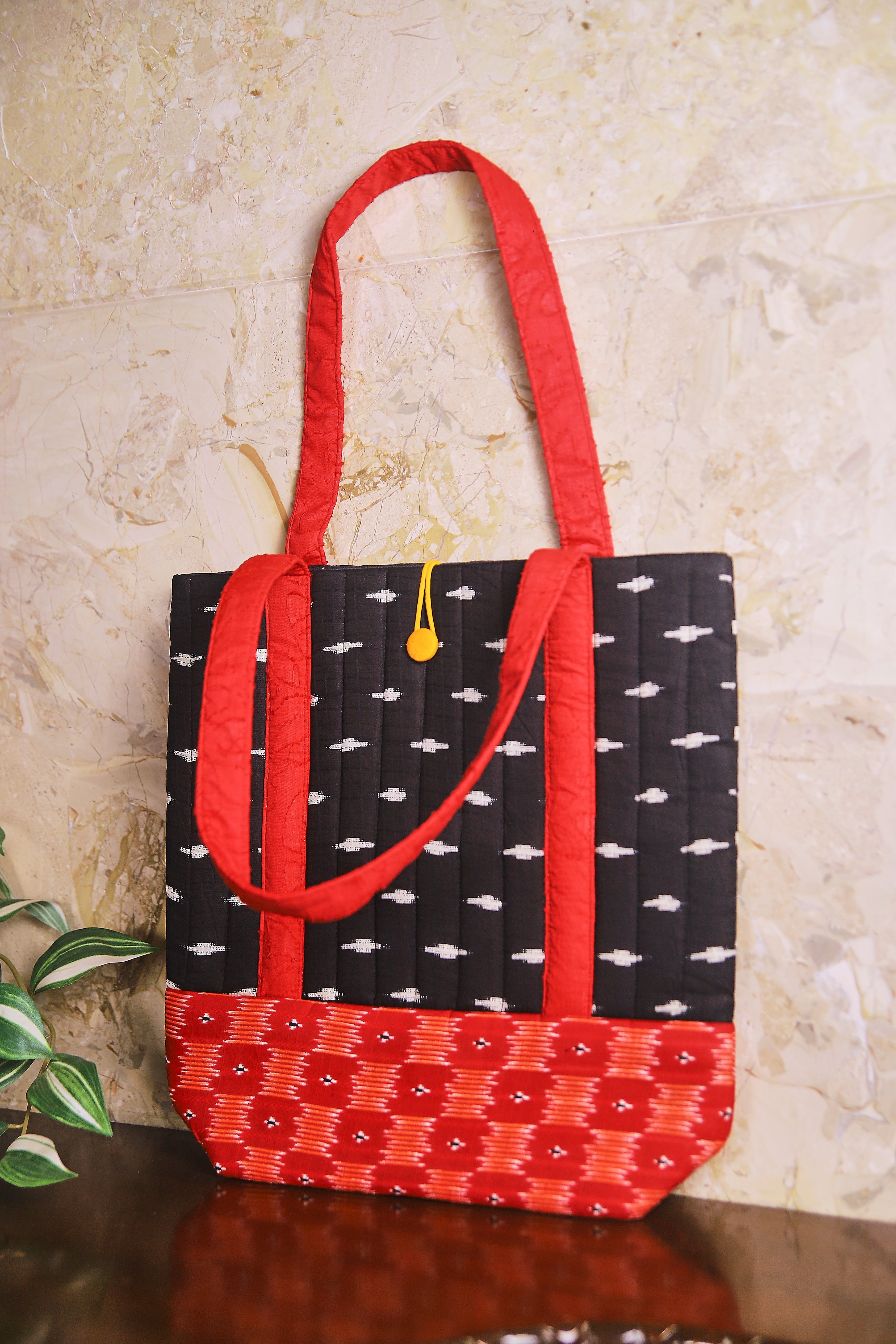 Black Ikat Design with Red Patchwork Sustainable Style Quilted Cotton Shopping Bag