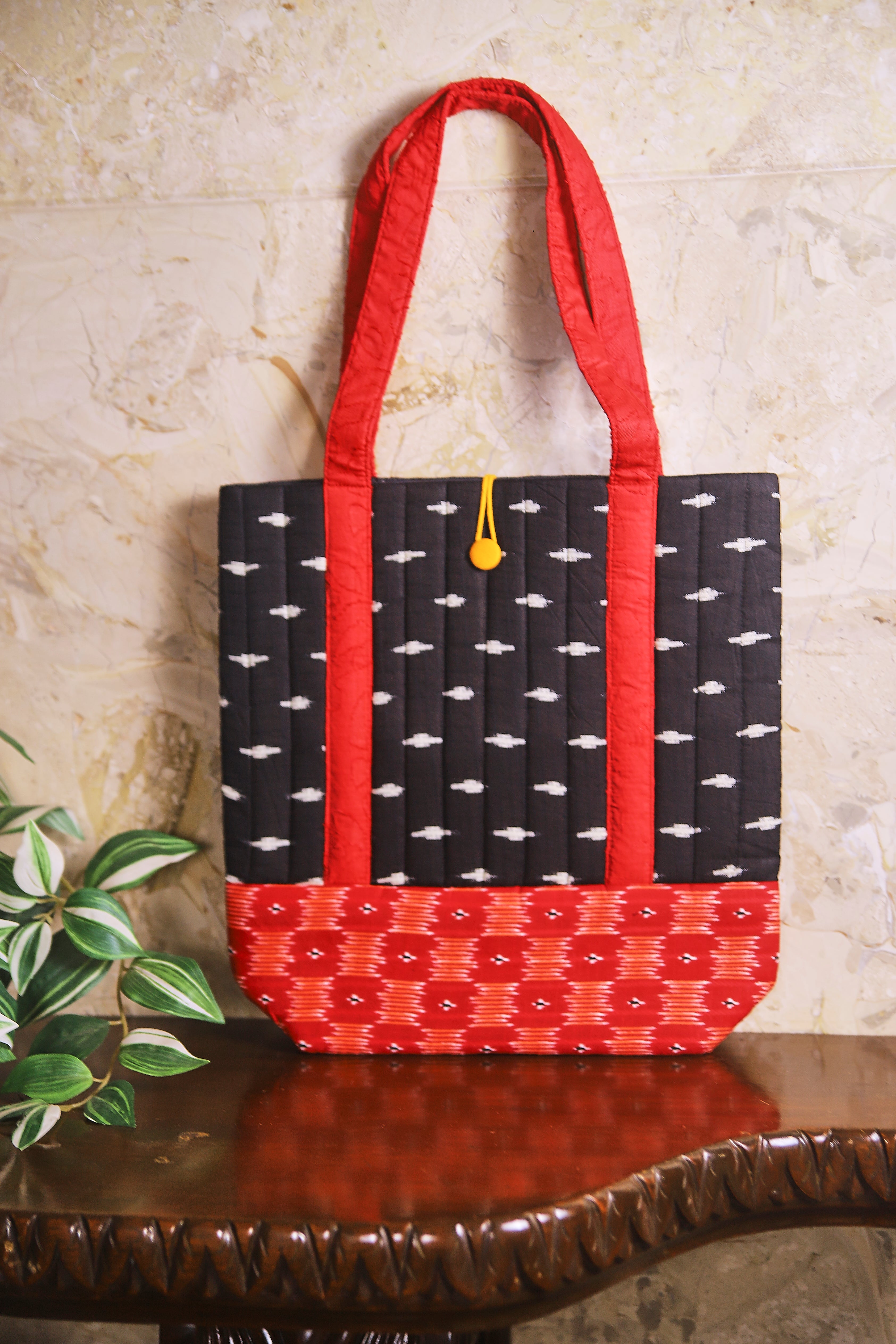 Black Ikat Design with Red Patchwork Sustainable Style Quilted Cotton Shopping Bag