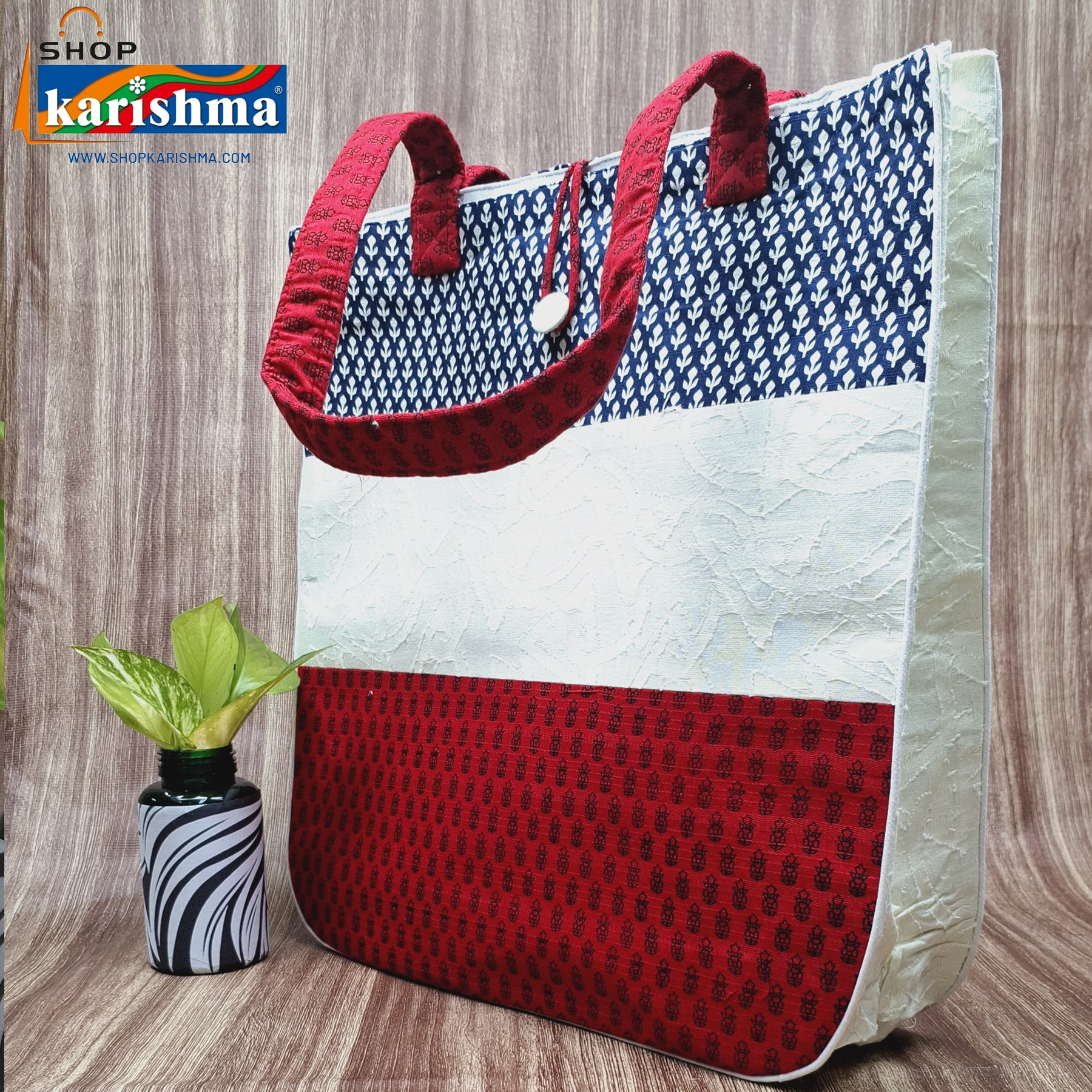 Navy Blue White Red Stripes Design Printed Sustainable Cotton Handmade Tote Bag