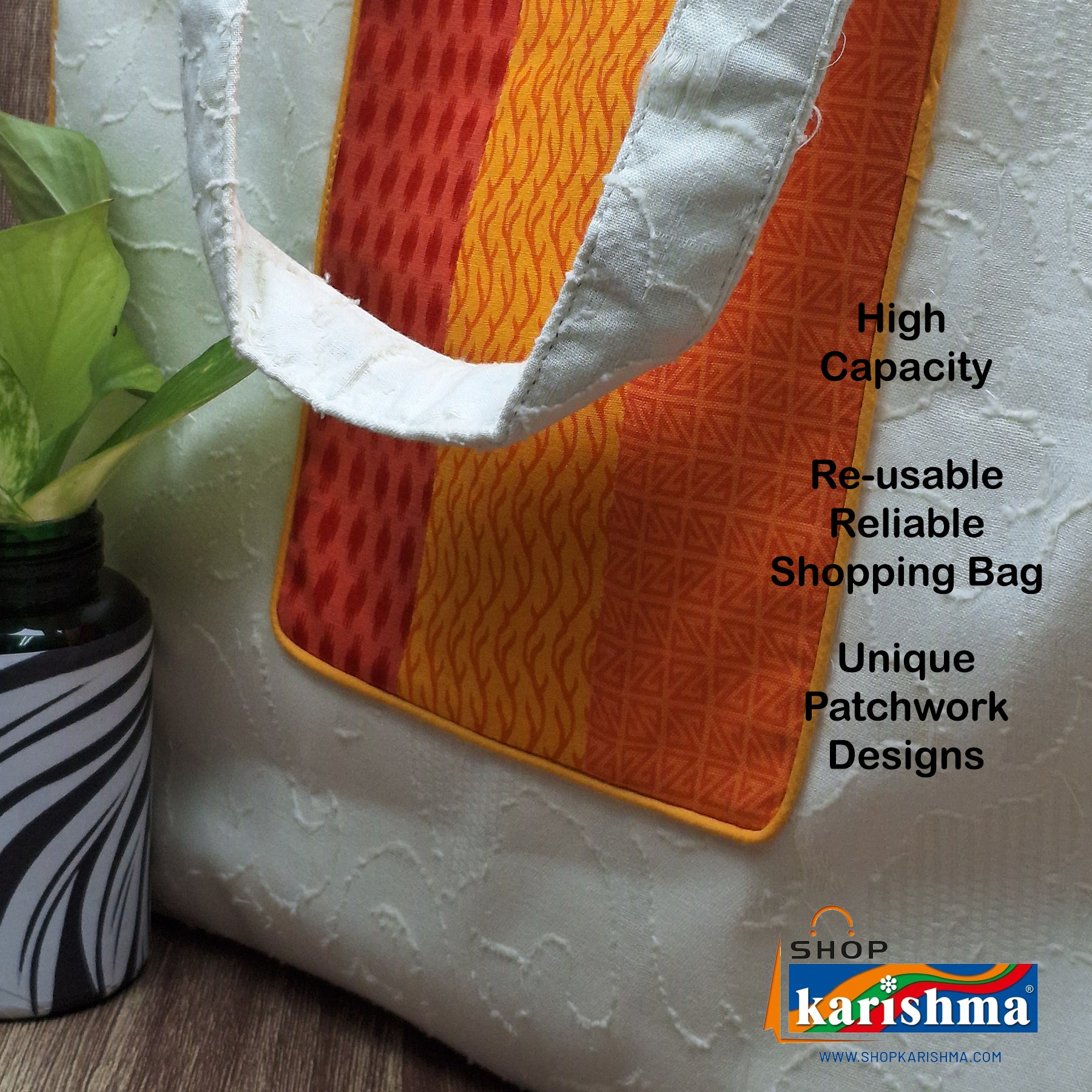 Orange Yellow Patchwork Handwork Sustainable Quilted Cotton Shopping Tote Bag