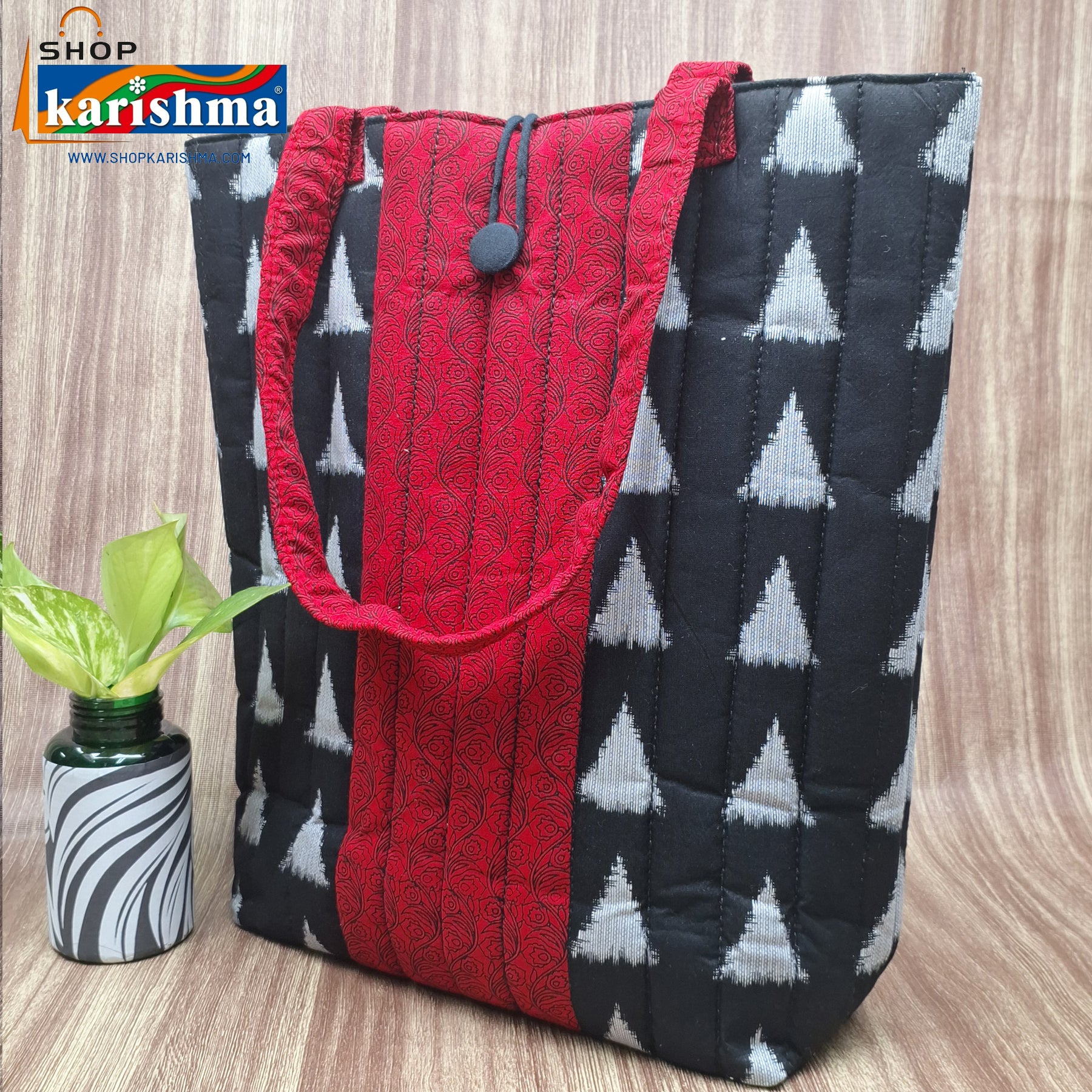 Black Triangle Design Quilted Sustainable Cotton Handmade Shopping Bag