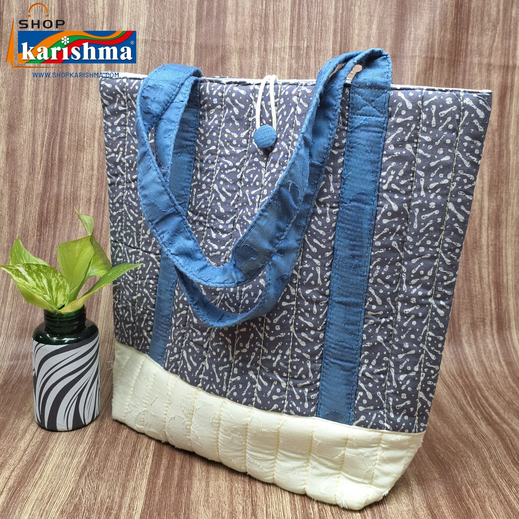 Grey Printed Design Pure Cotton Quilted Handbag