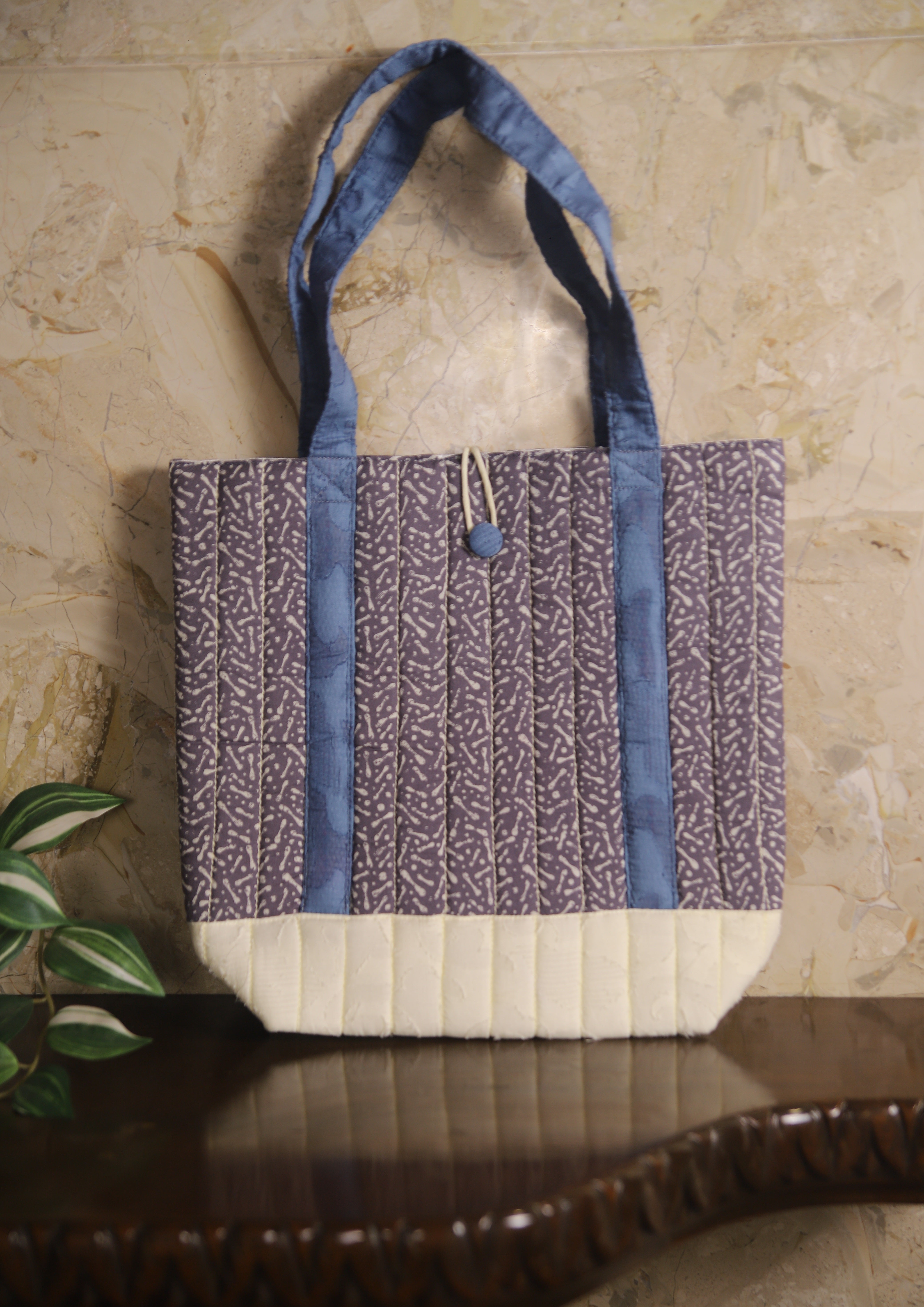 Grey Printed Design Pure Cotton Quilted Handbag