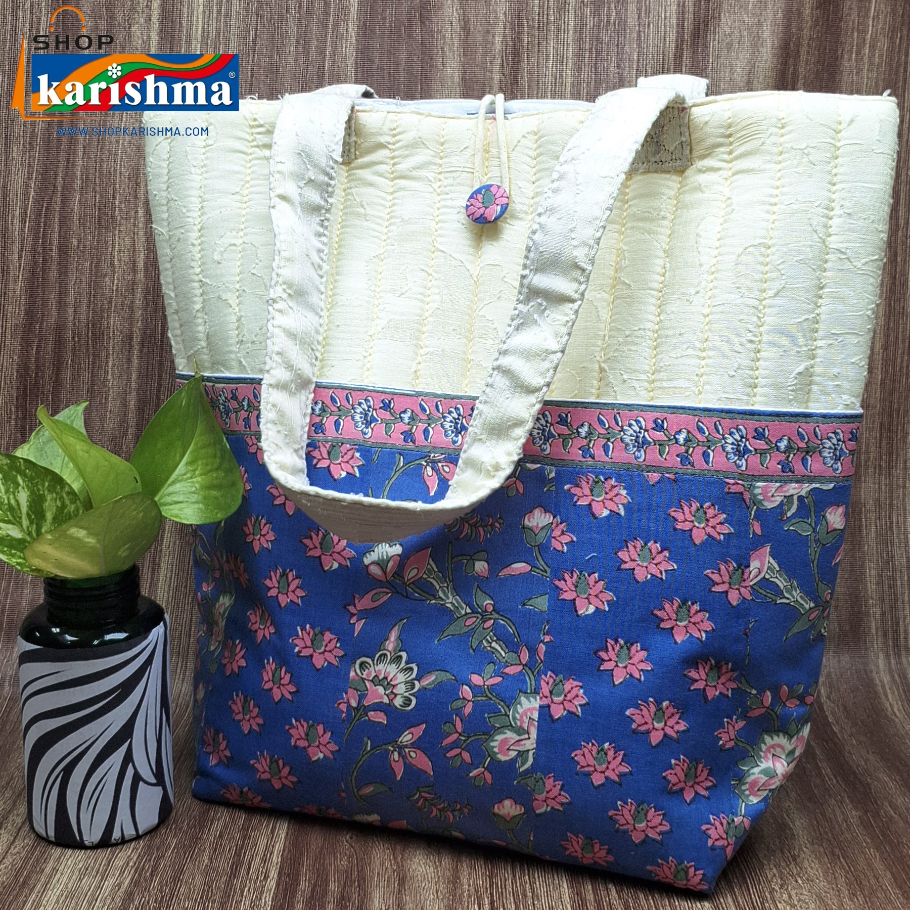 Blue Cream Floral Design Printed Design Cotton Quilted Handbag