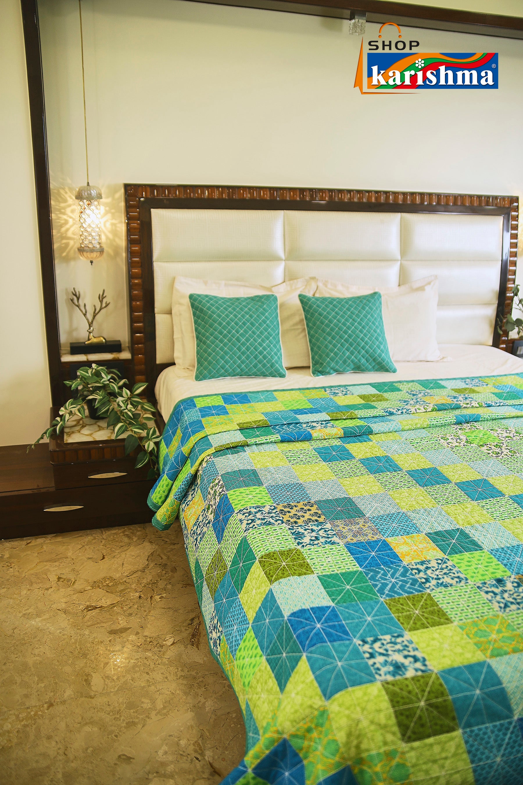 Blue & Green Patchwork Design Exclusive Pattern Printed Quilted King Size Bedspread Cover Set with Cushion Covers