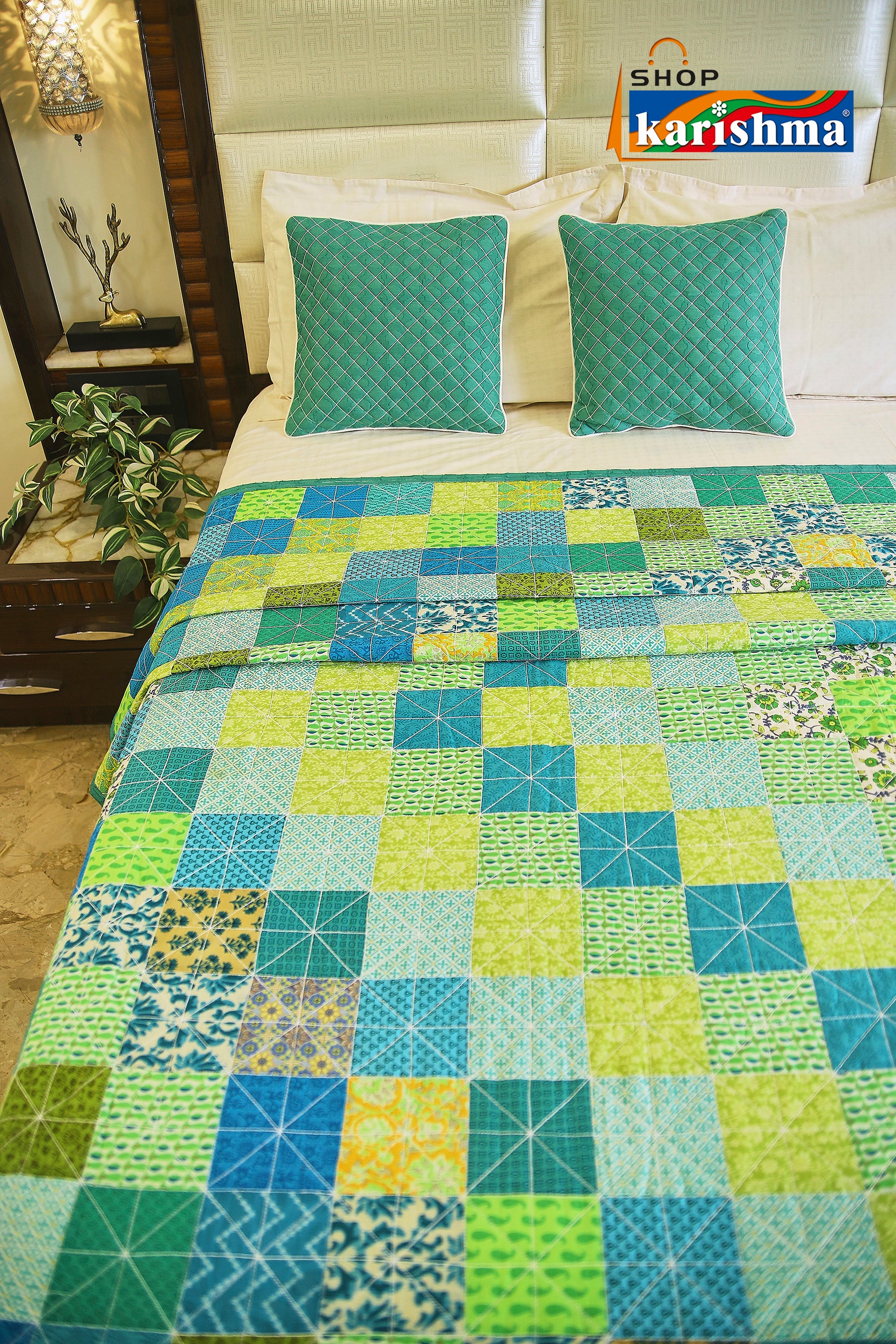 Blue & Green Patchwork Design Exclusive Pattern Printed Quilted King Size Bedspread Cover Set with Cushion Covers