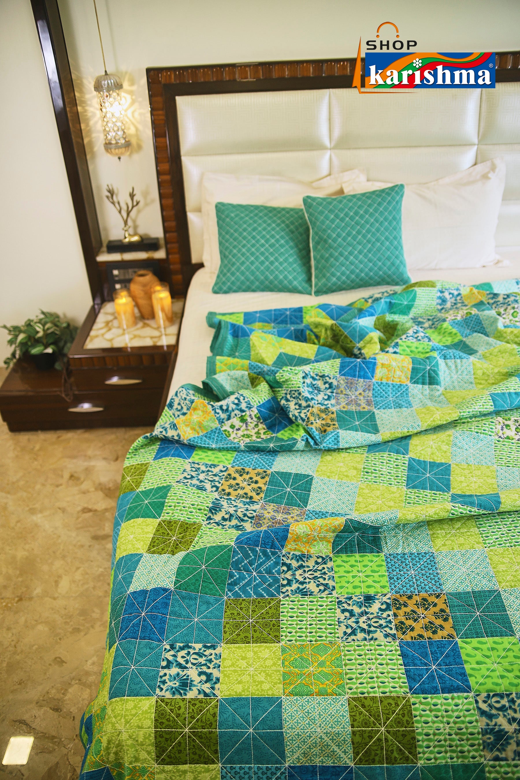 Blue & Green Patchwork Design Exclusive Pattern Printed Quilted King Size Bedspread Cover Set with Cushion Covers