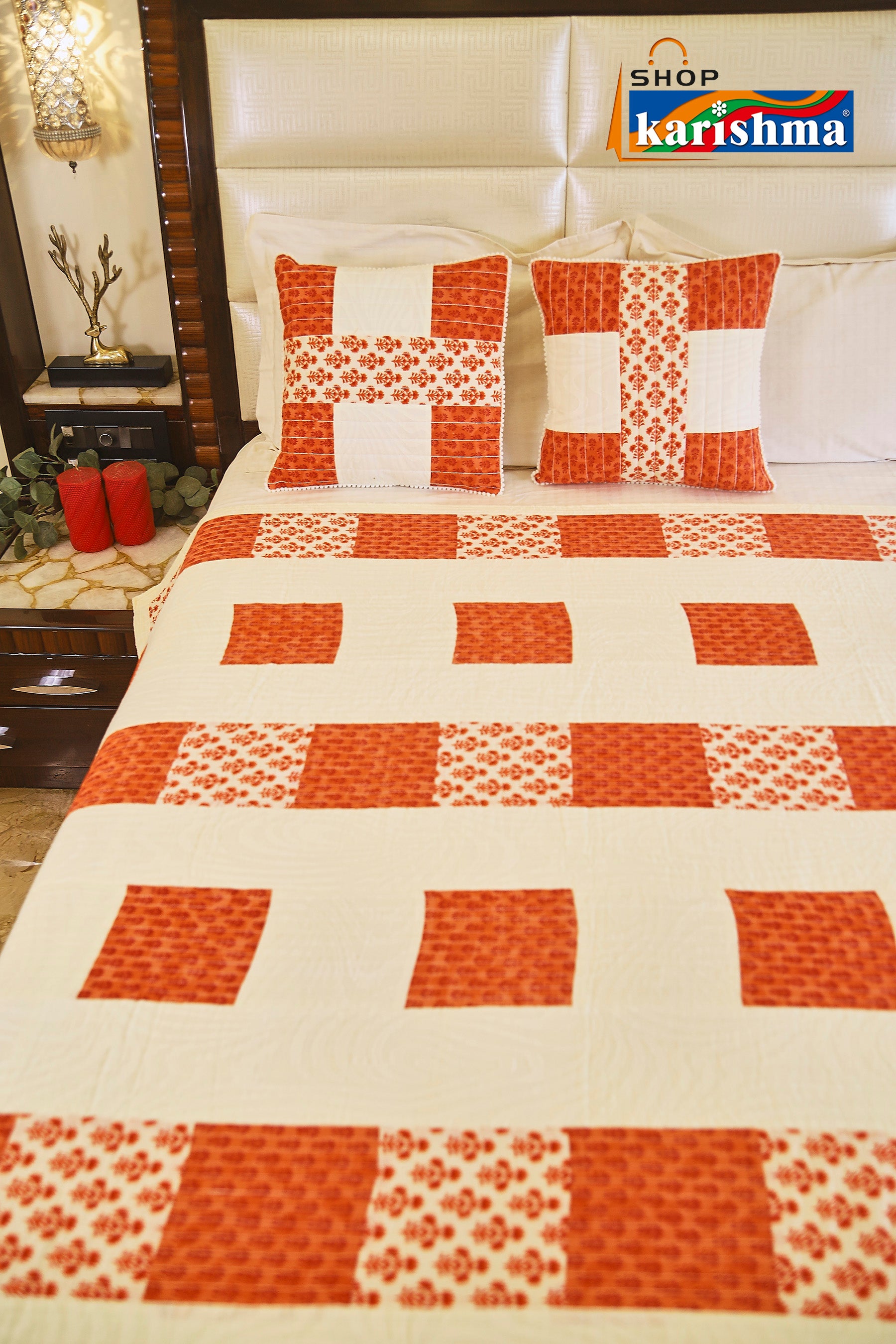 Peach & Cream Floral Checkered Design Exclusive Pattern Printed Quilted Queen Size Bedspread Cover Set with Cushion Covers