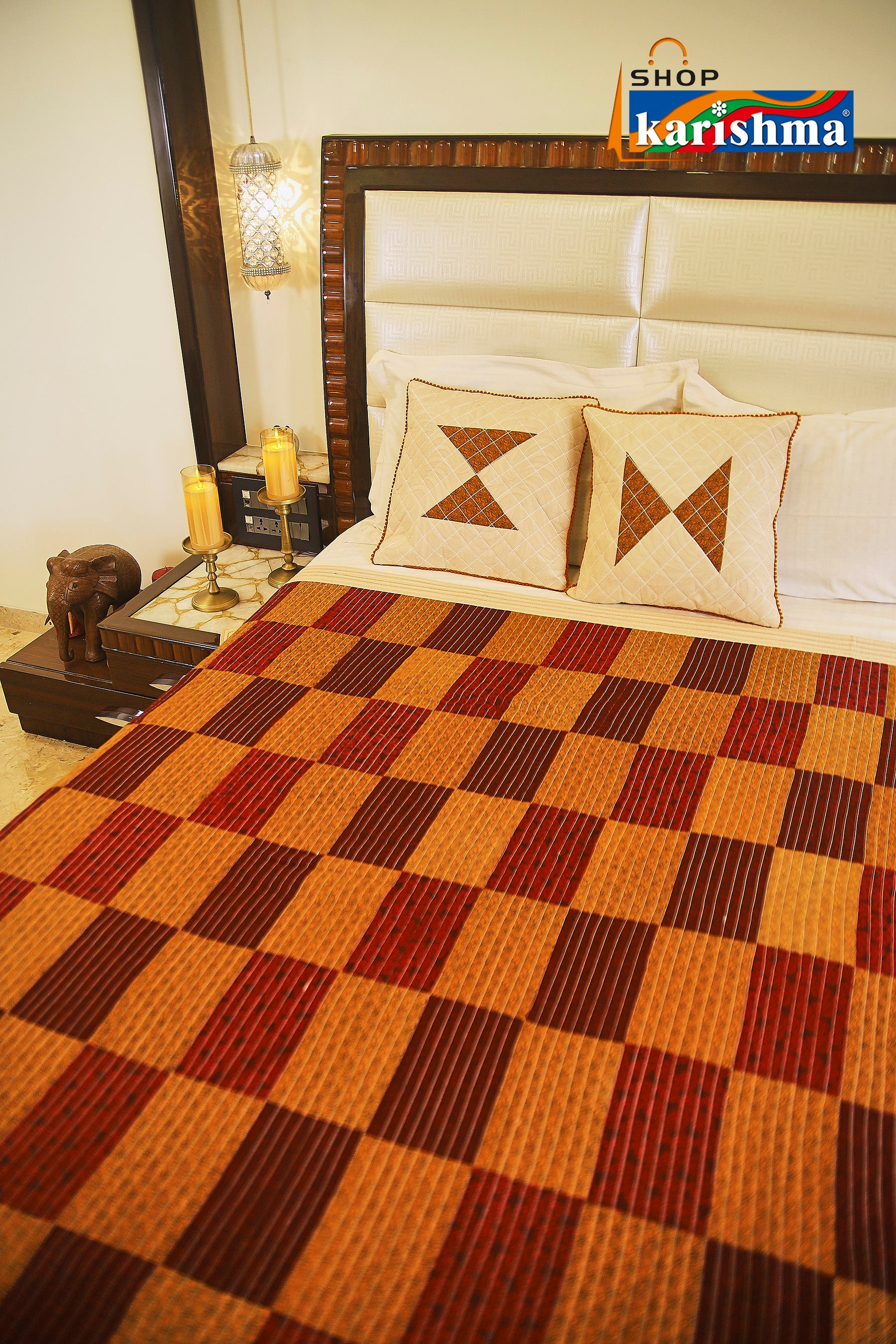 Maroon & Gold Patchwork Design Exclusive Pattern Printed Quilted King Size Bedspread Cover Set with Cushion Covers