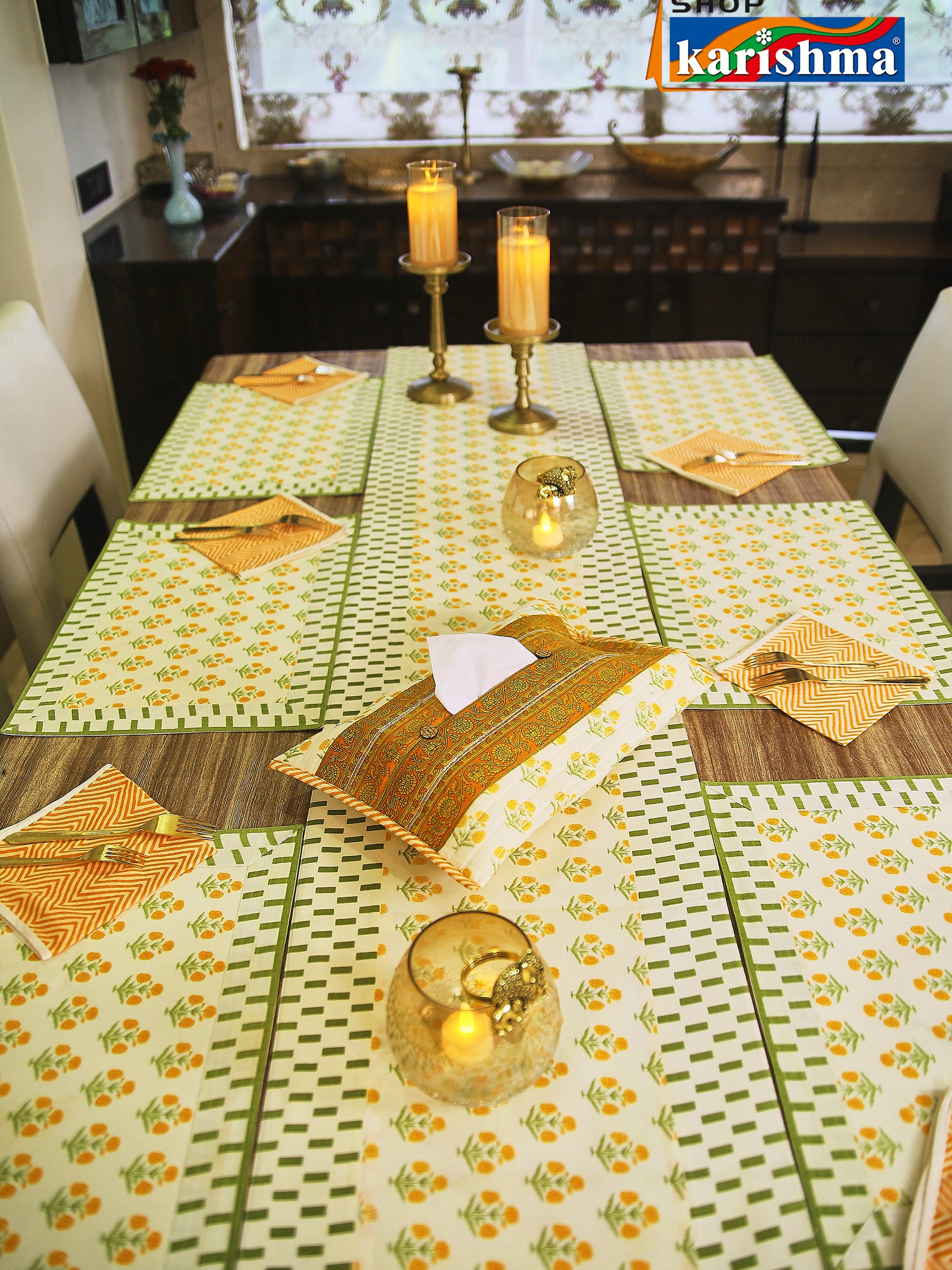 Yellow & Green Floral Block Print Design Pure Cotton Table Linen Set