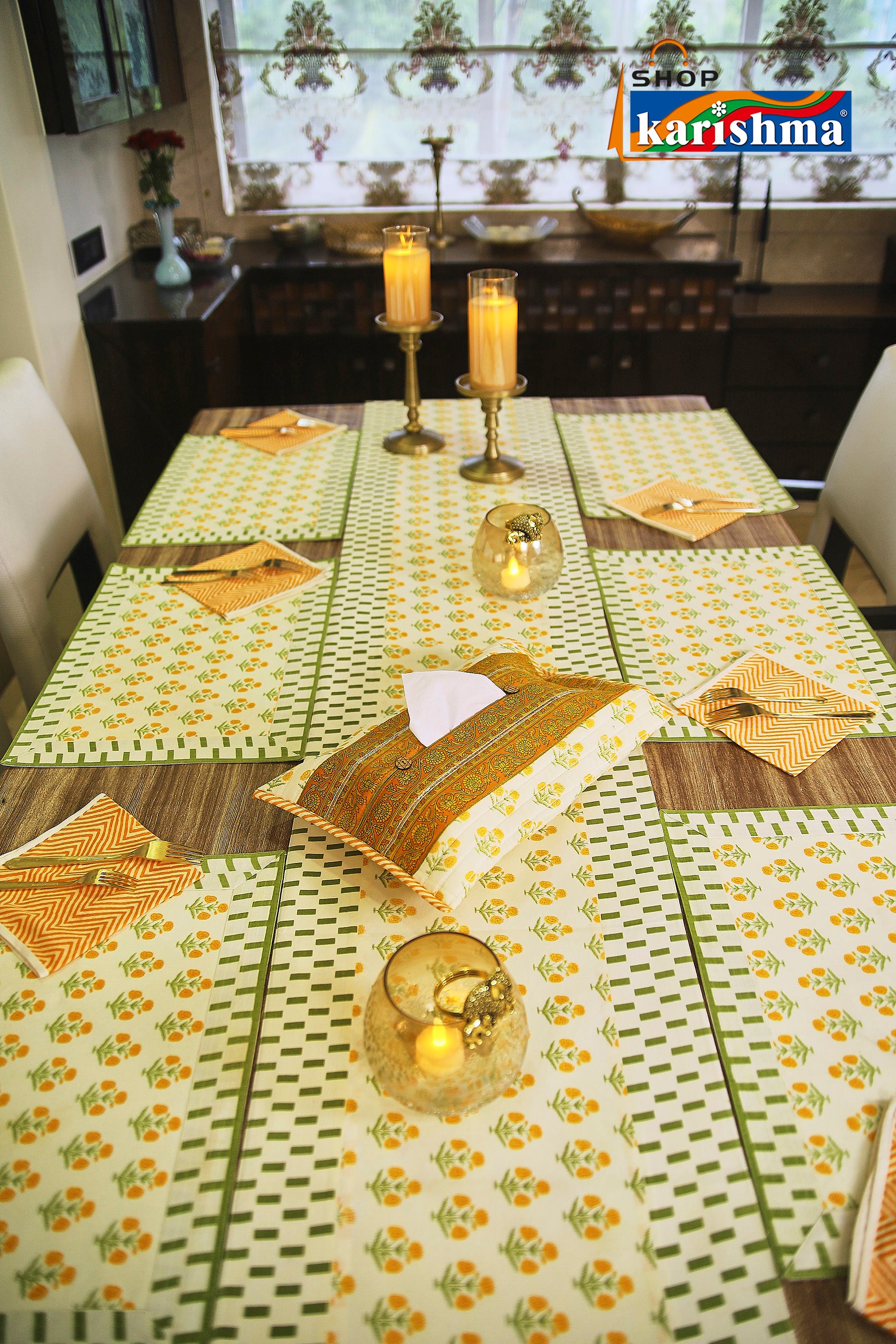 Yellow & Green Floral Block Print Design Pure Cotton Table Linen Set