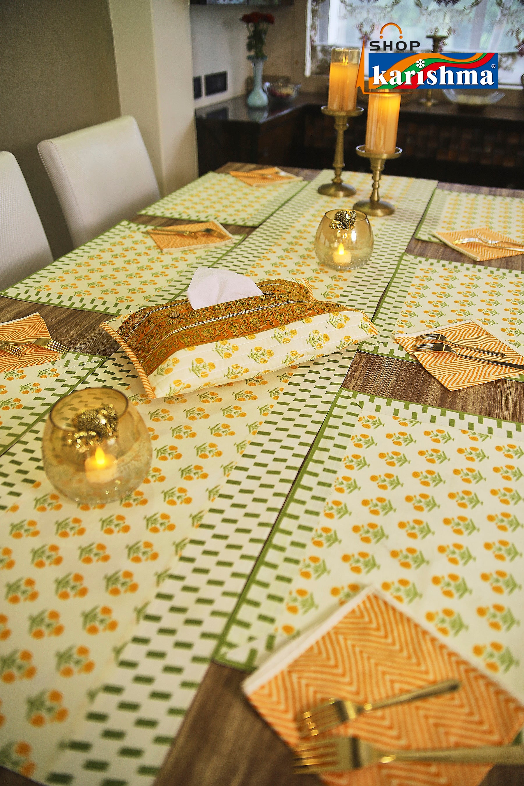 Yellow & Green Floral Block Print Design Pure Cotton Table Linen Set