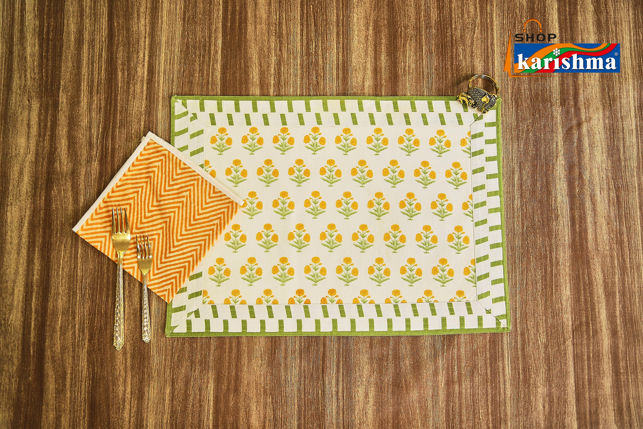 Yellow & Green Floral Block Print Design Pure Cotton Table Linen Set