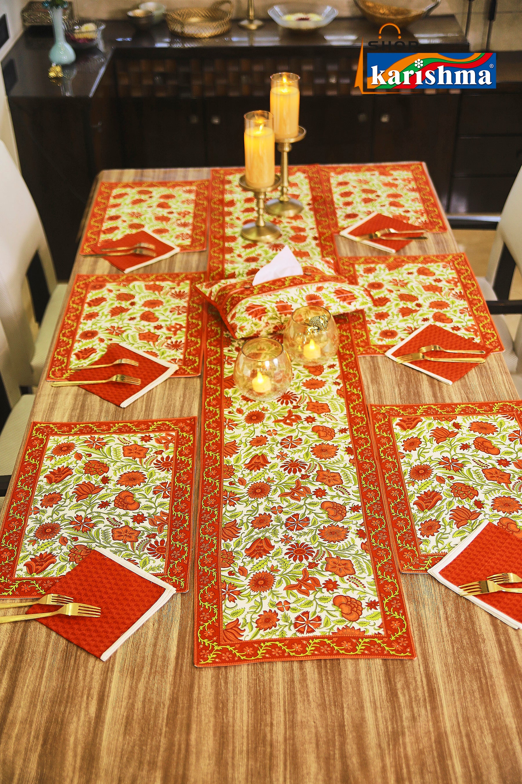 Red & White Floral Block Print Design Pure Cotton Table Linen Set