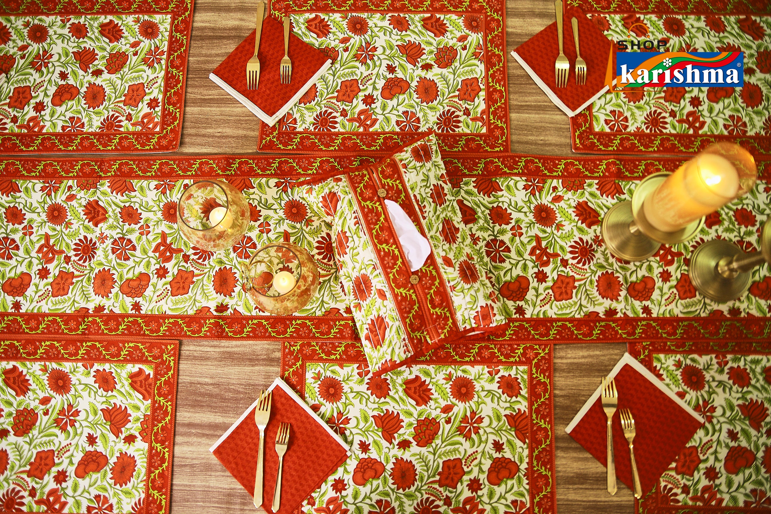 Red & White Floral Block Print Design Pure Cotton Table Linen Set