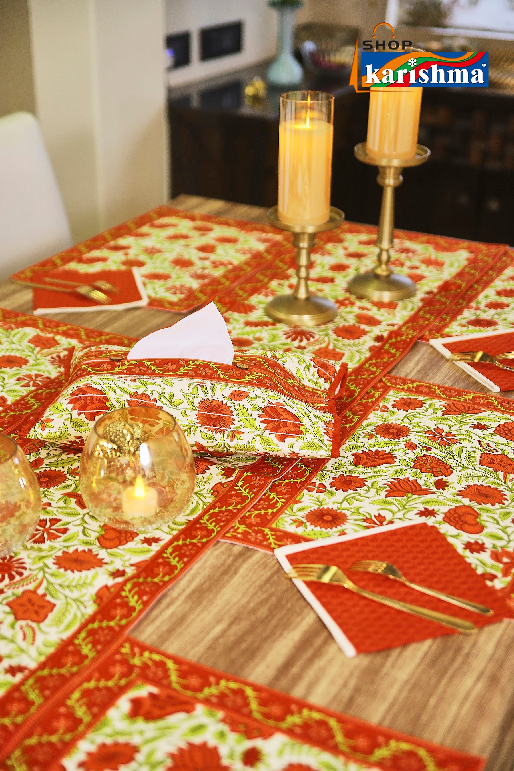 Red & White Floral Block Print Design Pure Cotton Table Linen Set